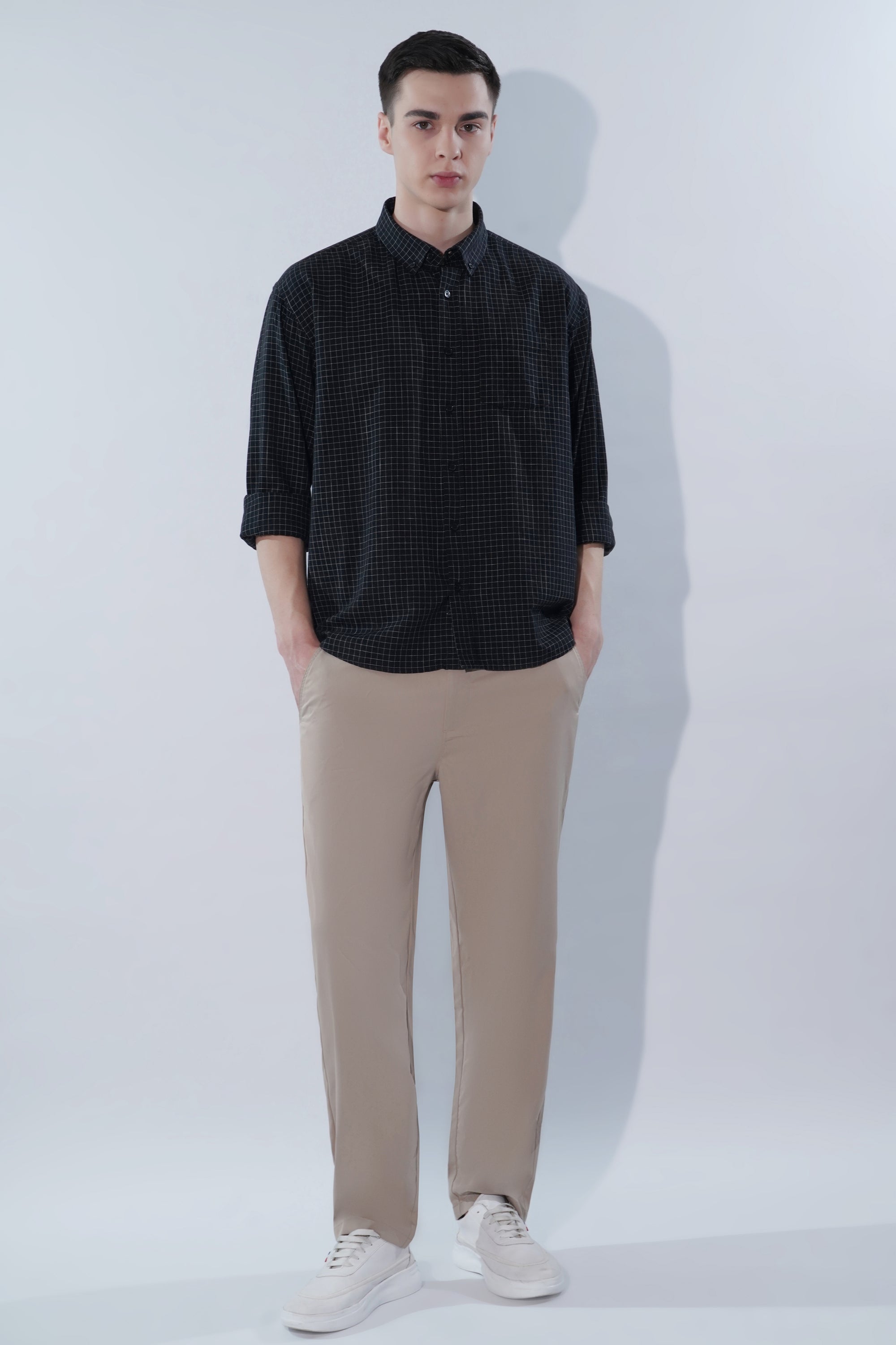 Cotton Linen Essential Fit Black Check Shirt