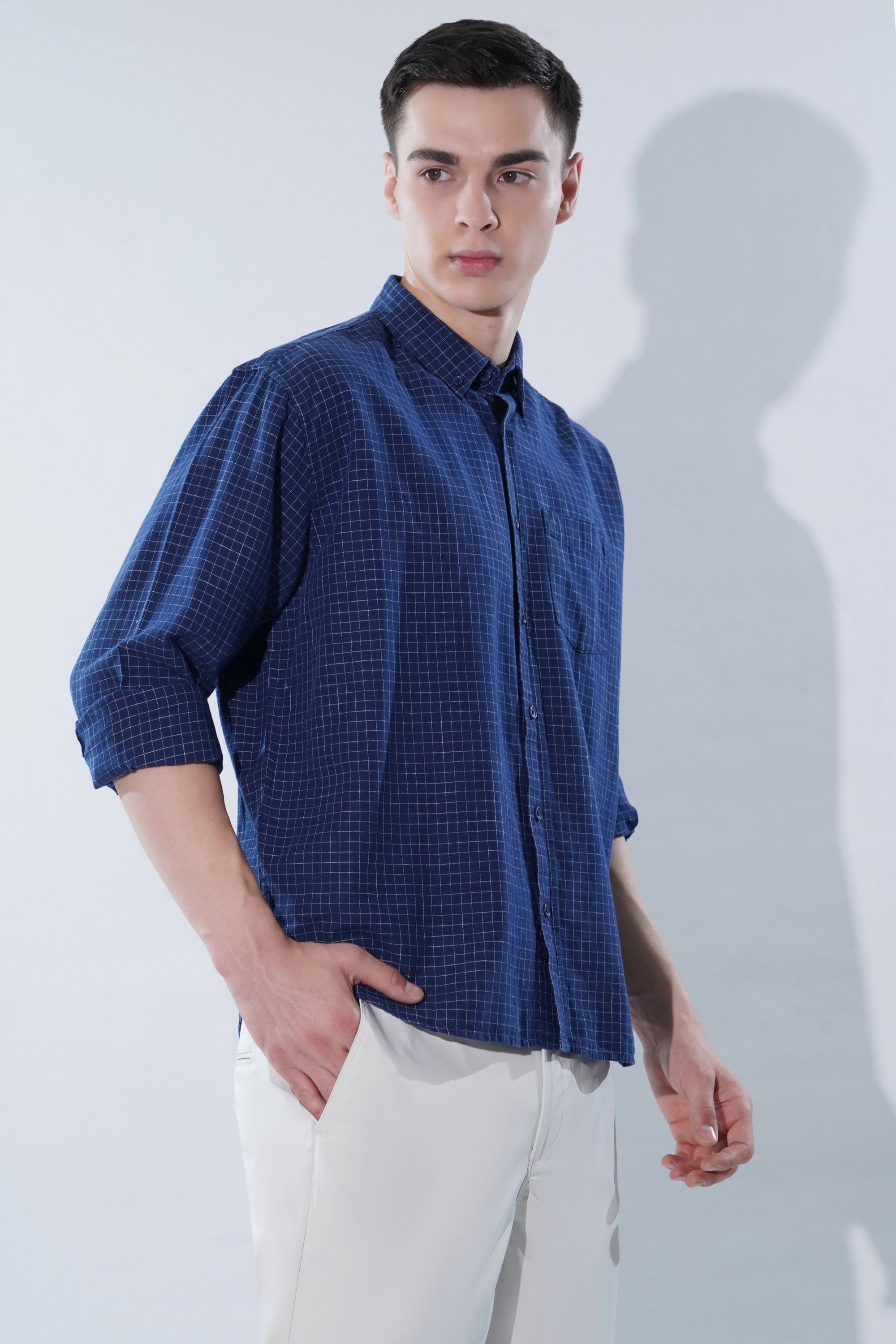 Cotton Linen Essential Fit Blue Check Shirt