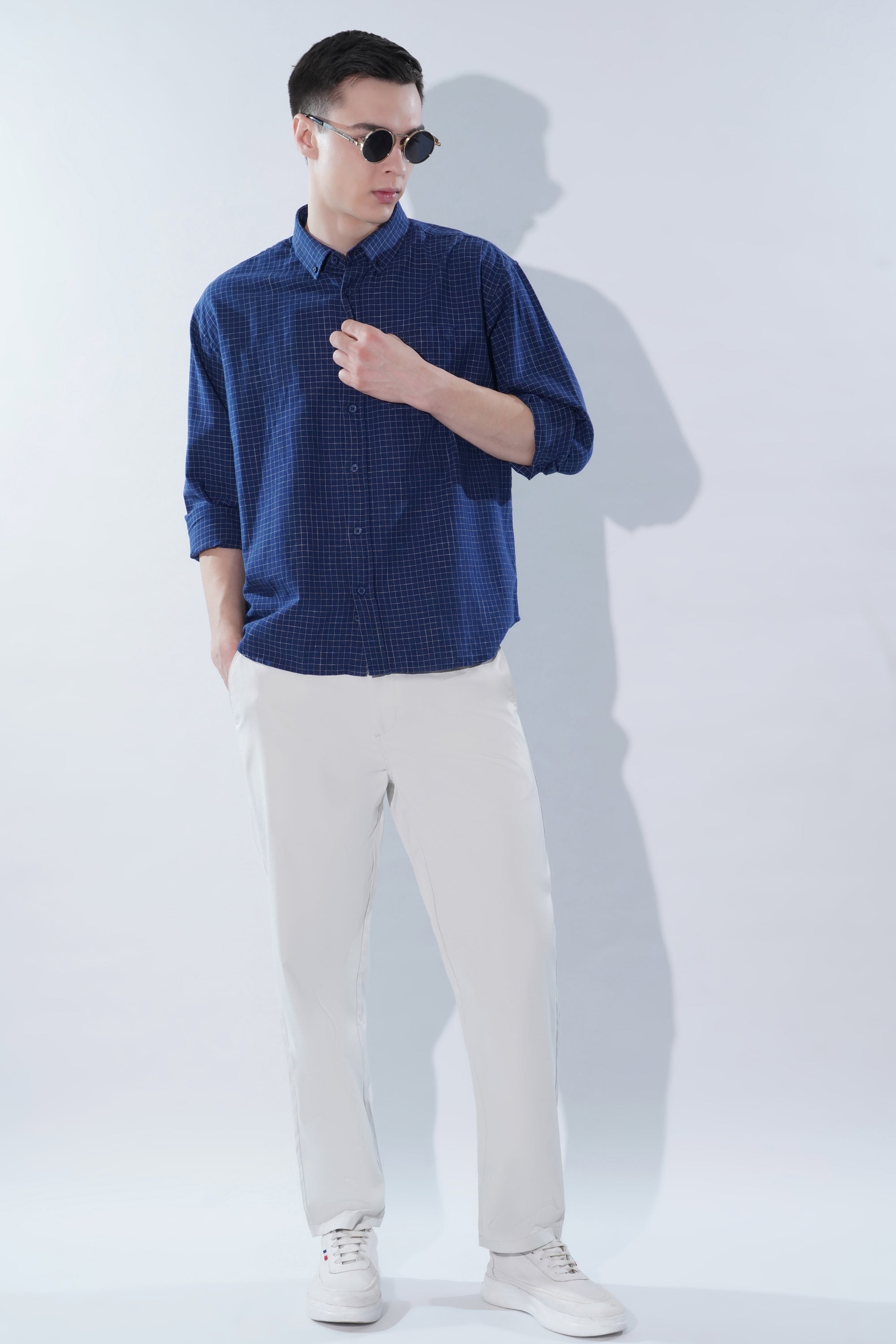 Cotton Linen Essential Fit Blue Check Shirt
