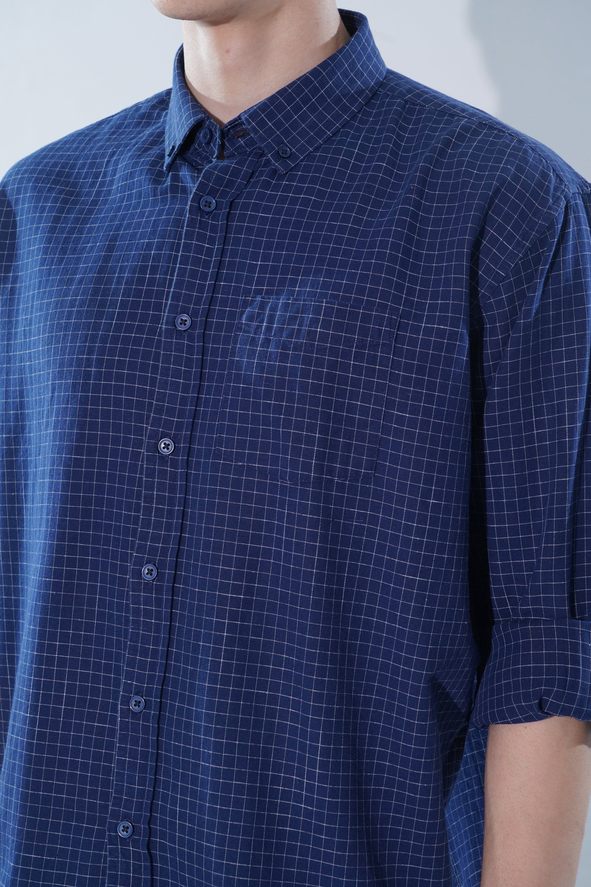 Cotton Linen Essential Fit Blue Check Shirt