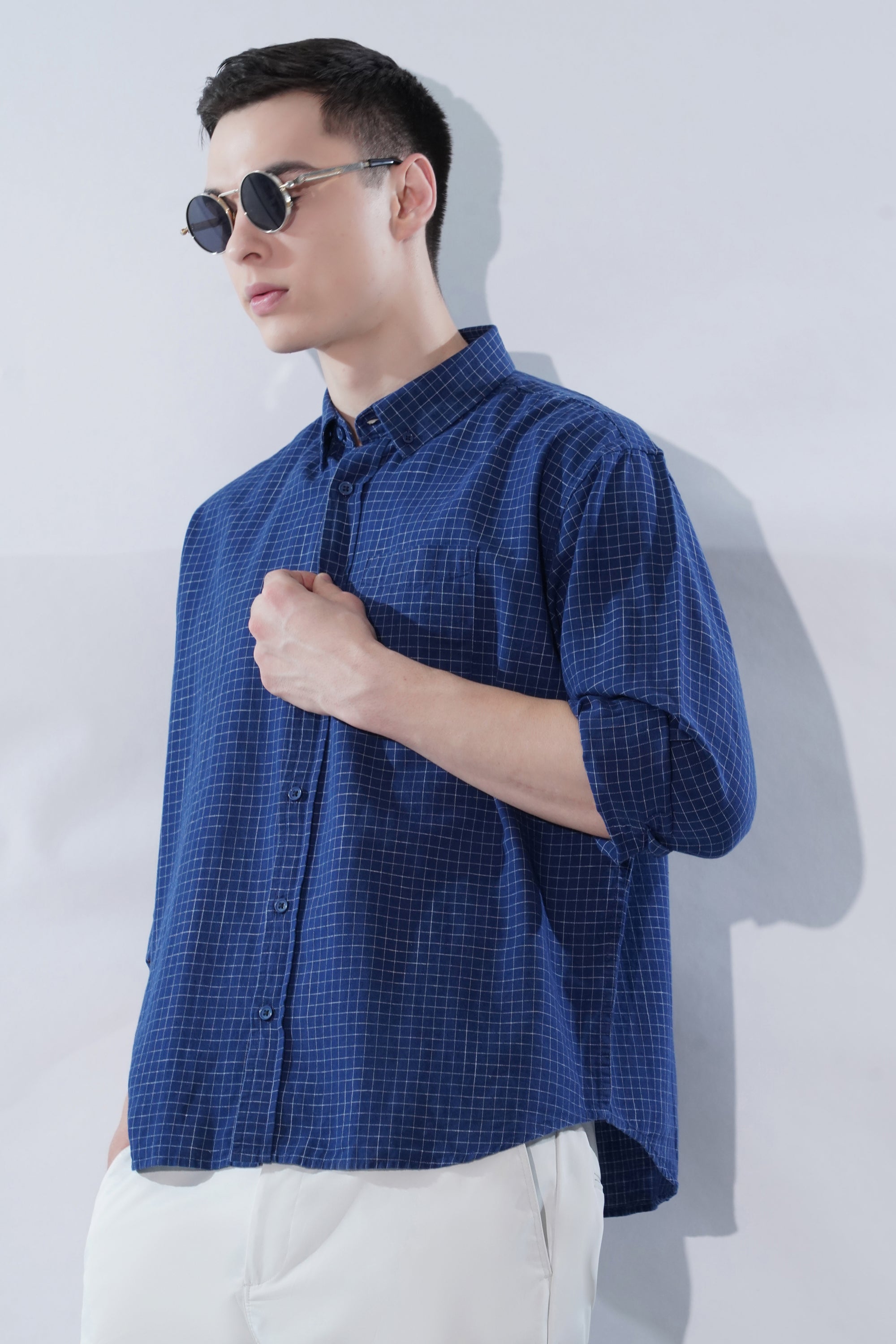 Cotton Linen Essential Fit Blue Check Shirt