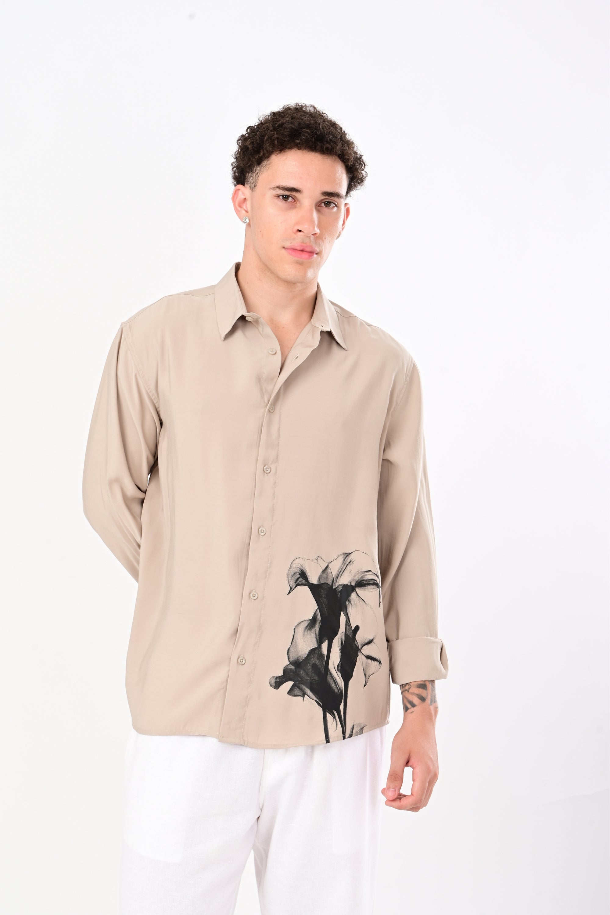 Relaxed Fit Khaki Floral Print Shirt