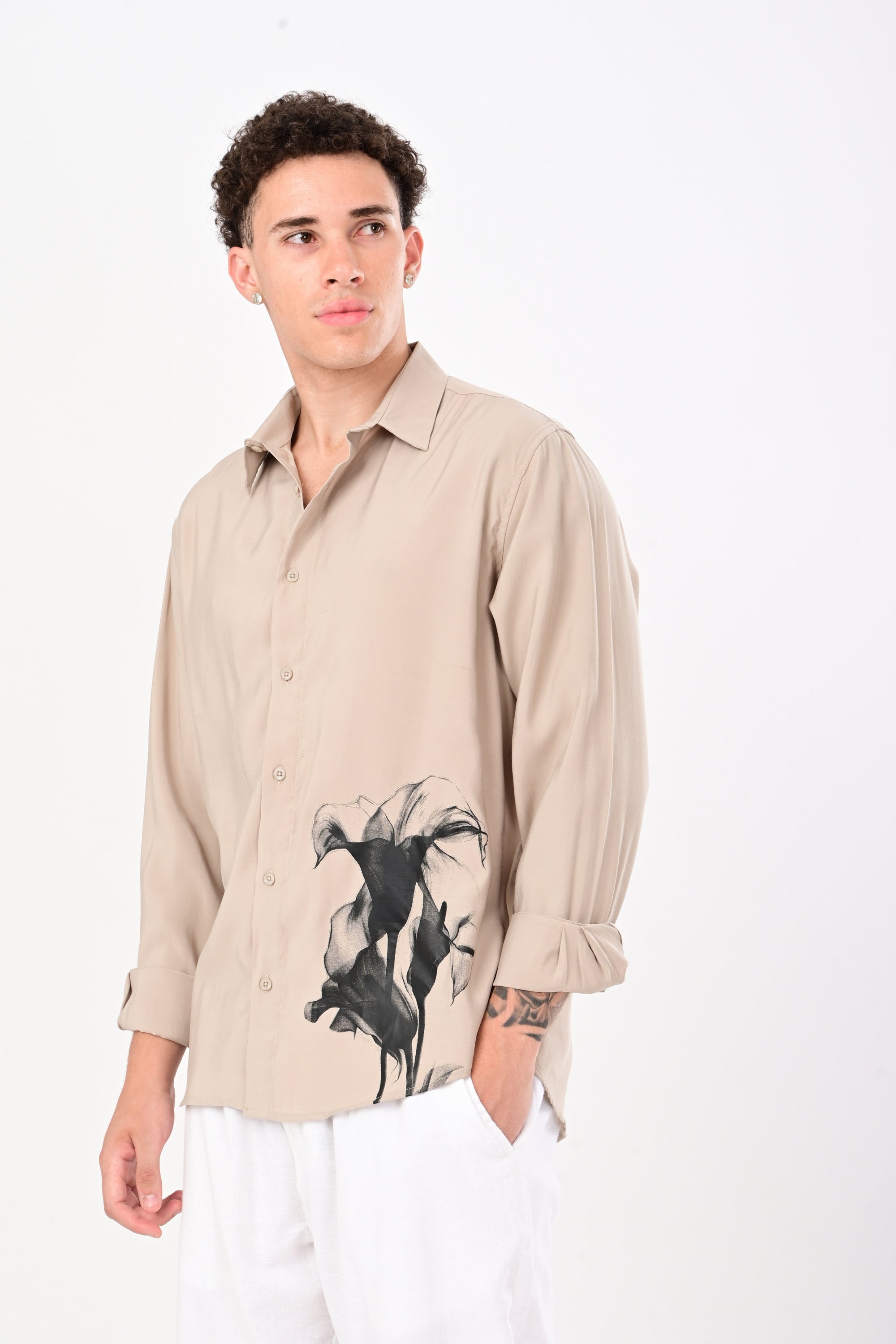Relaxed Fit Khaki Floral Print Shirt