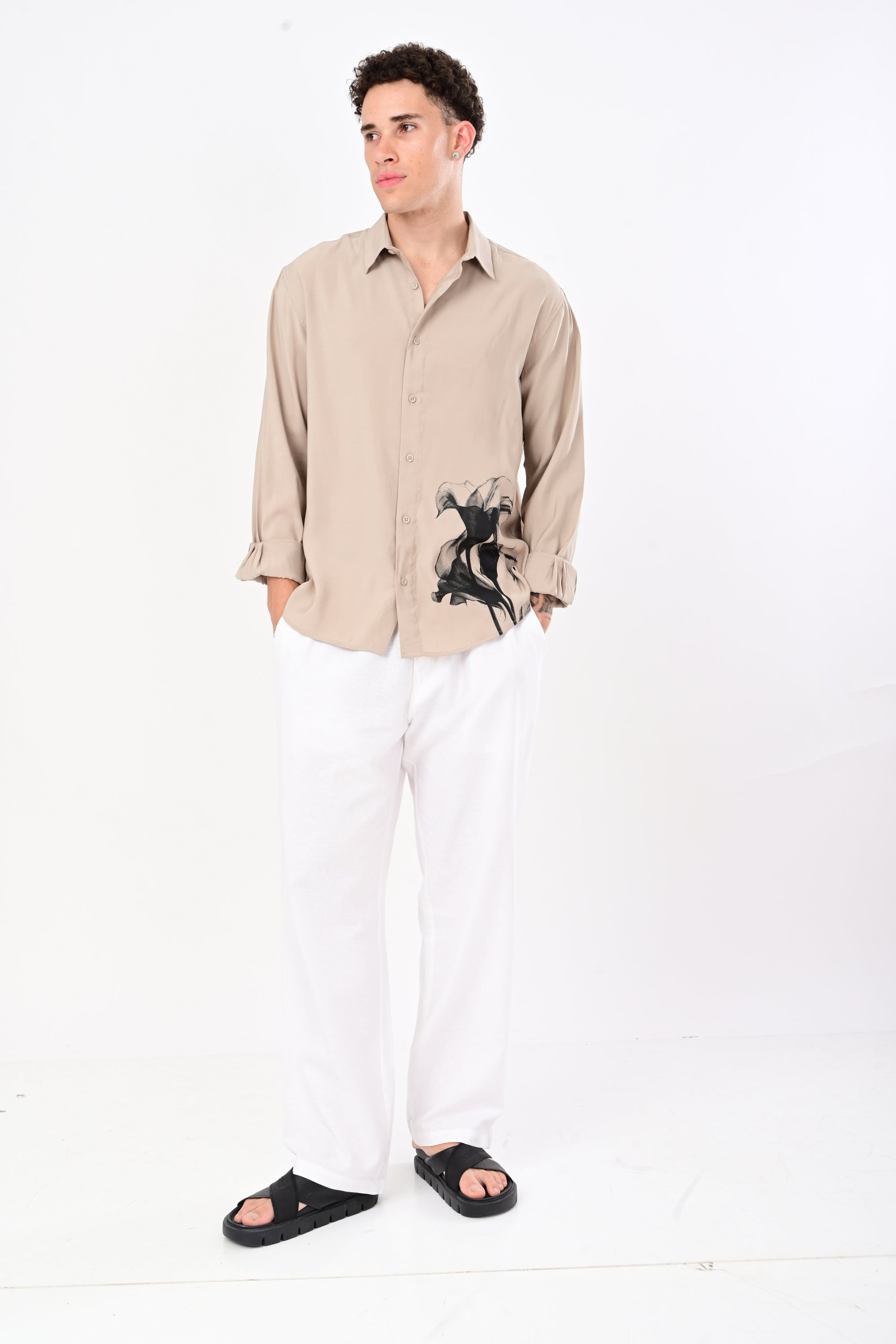 Relaxed Fit Khaki Floral Print Shirt
