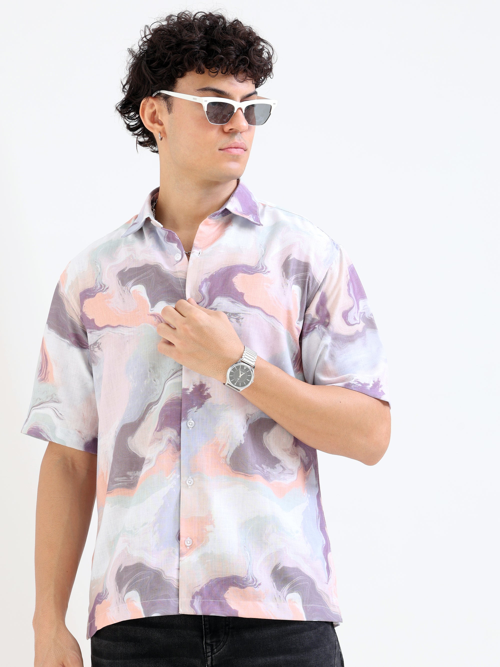 Overhanging Half Sleeve Pink Printed Shirt