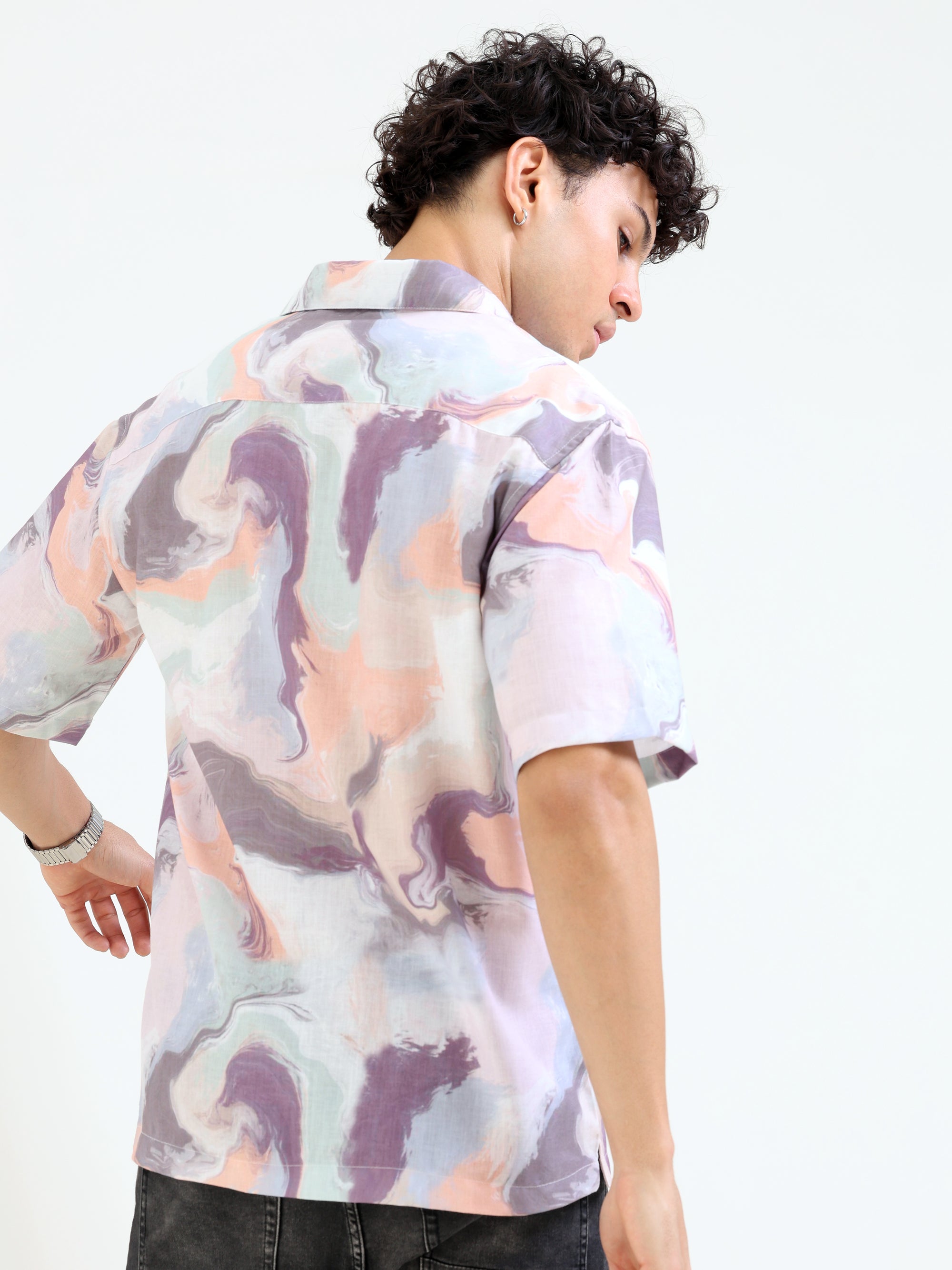 Overhanging Half Sleeve Pink Printed Shirt