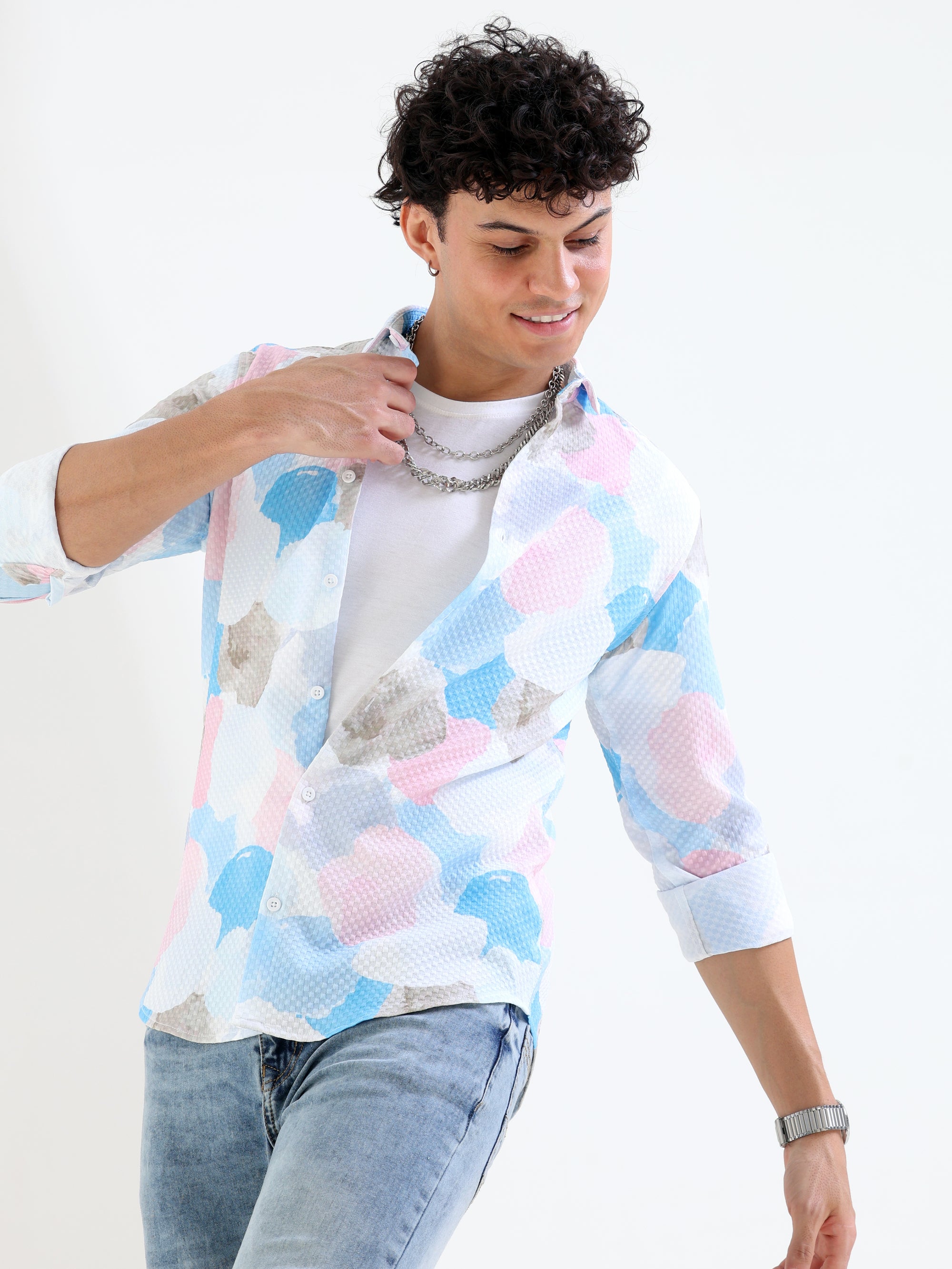 Tapered Fit Full Sleeve Pink Printed Shirt