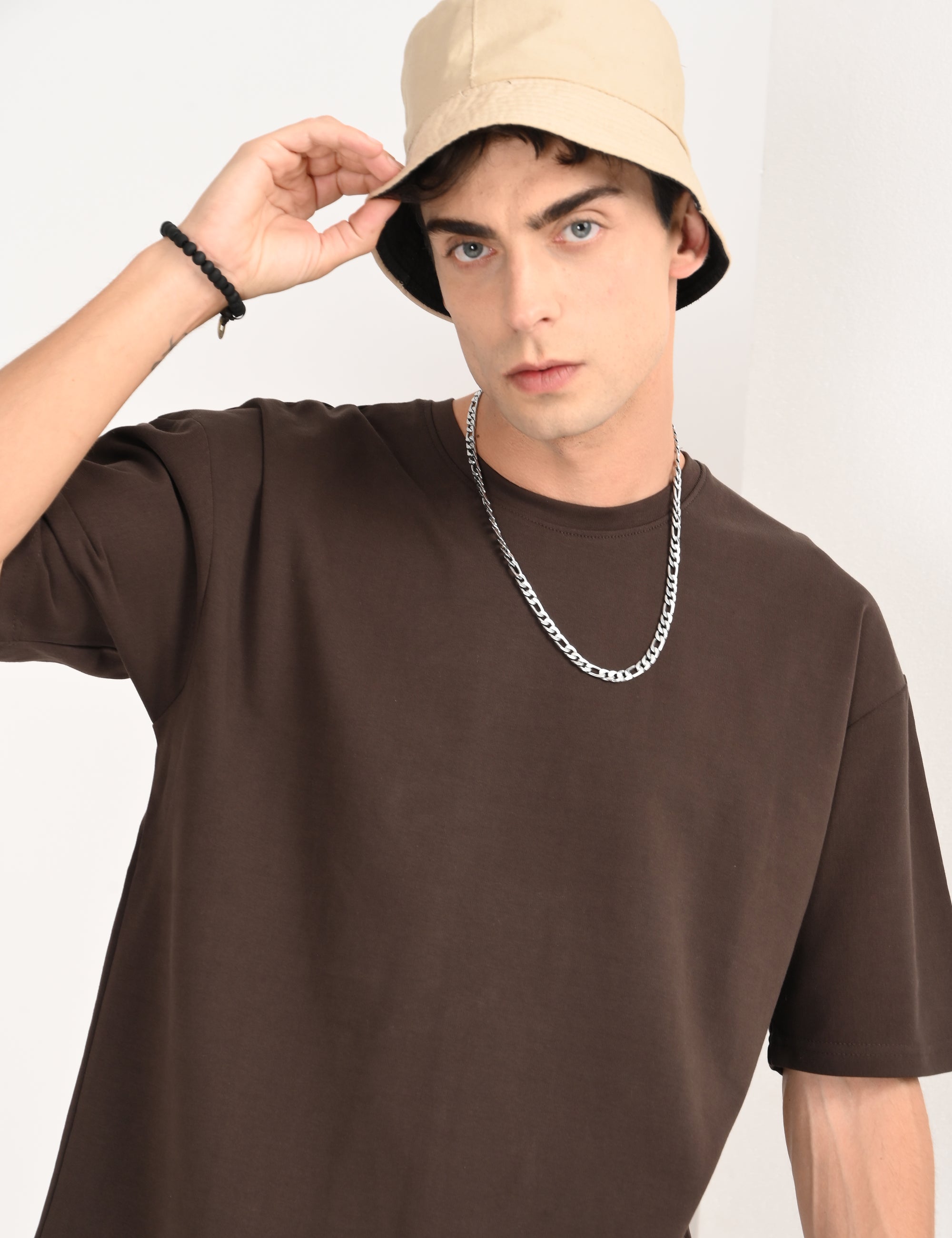 Drop Shoulder Half Sleeve Brown T Shirt