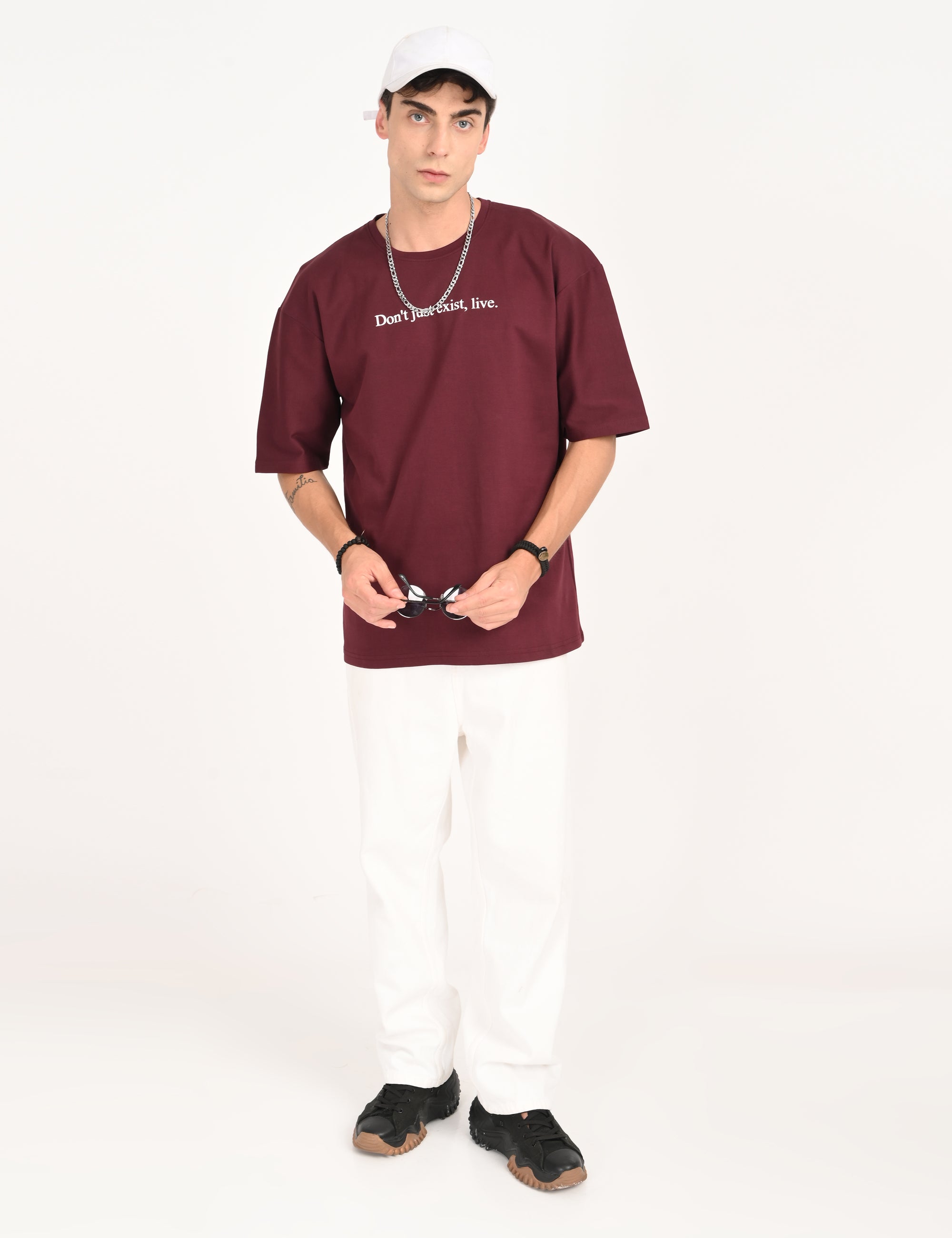 Drop Shoulder Half Sleeve Wine Red T Shirt