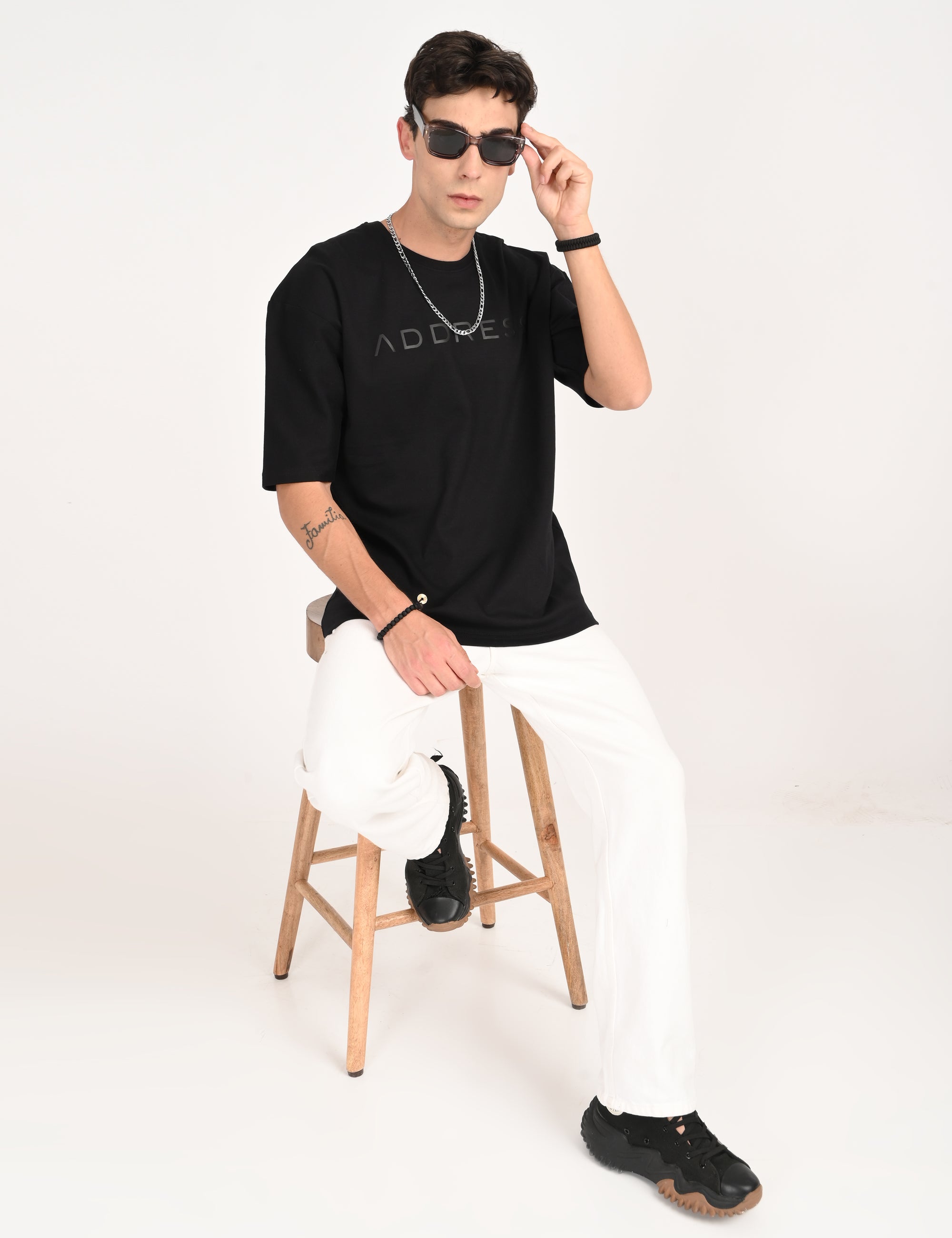 Drop Shoulder Half Sleeve Black T Shirt