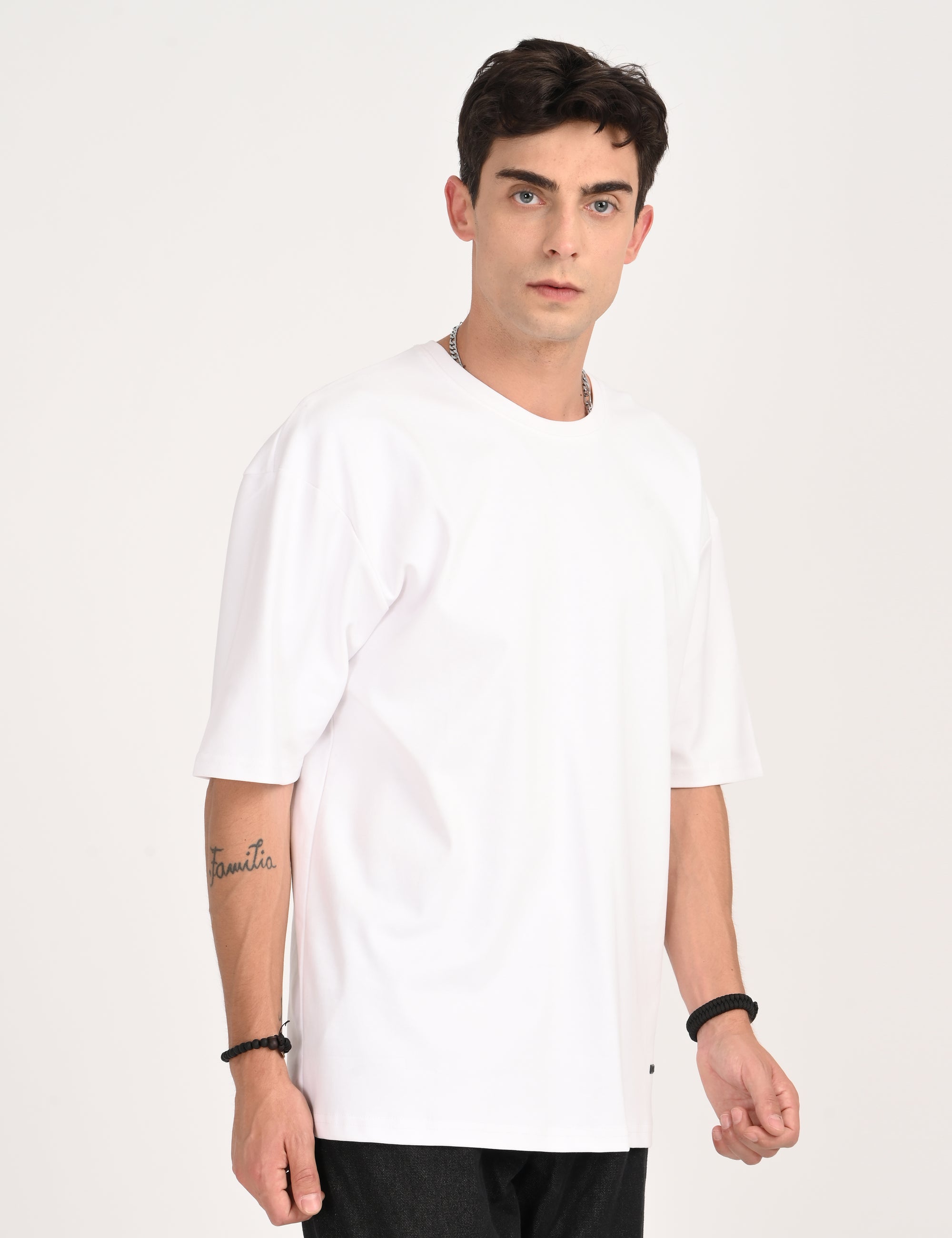 Drop Shoulder Half Sleeve White T Shirt