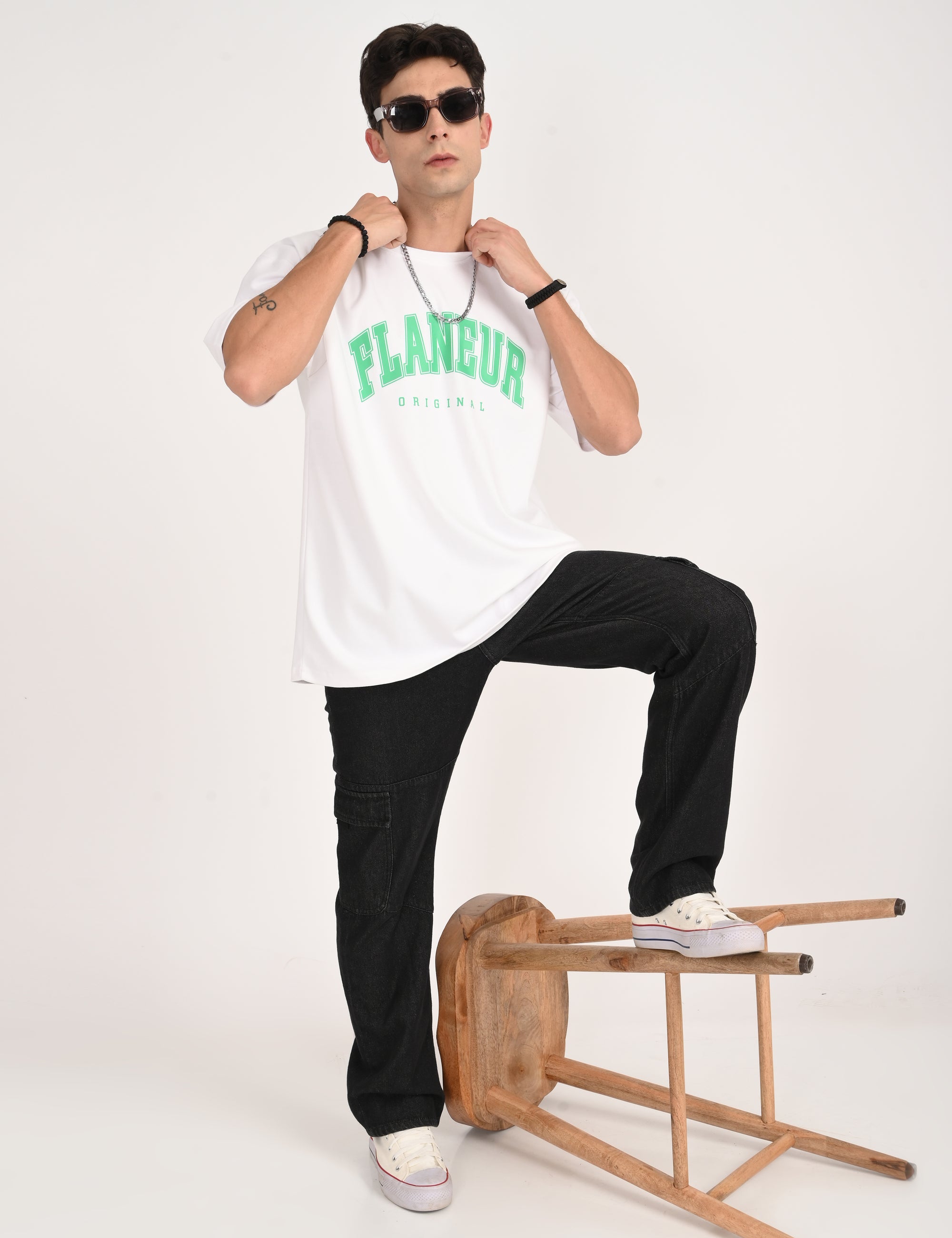 Drop Shoulder Half Sleeve White Printed T Shirt
