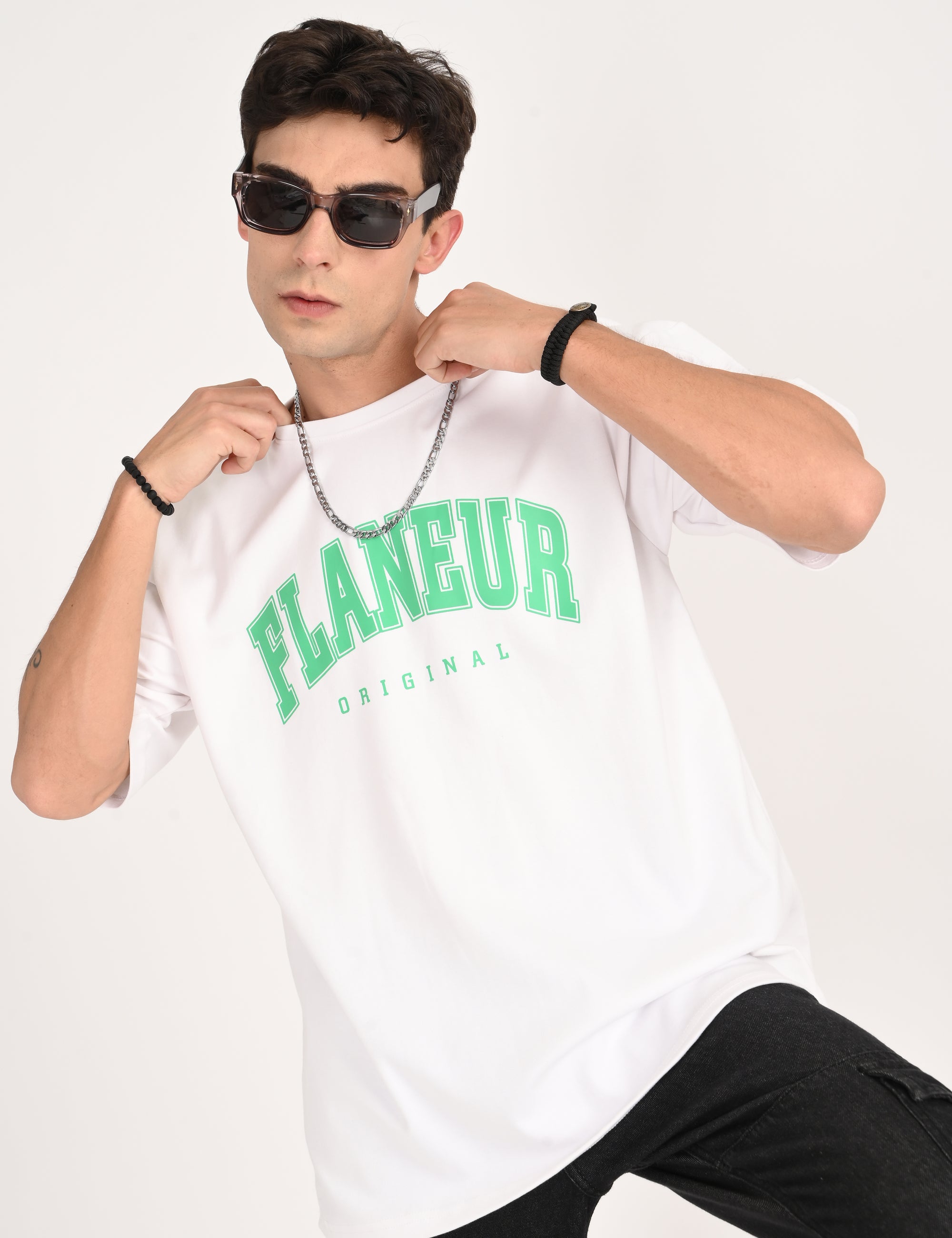 Drop Shoulder Half Sleeve White Printed T Shirt