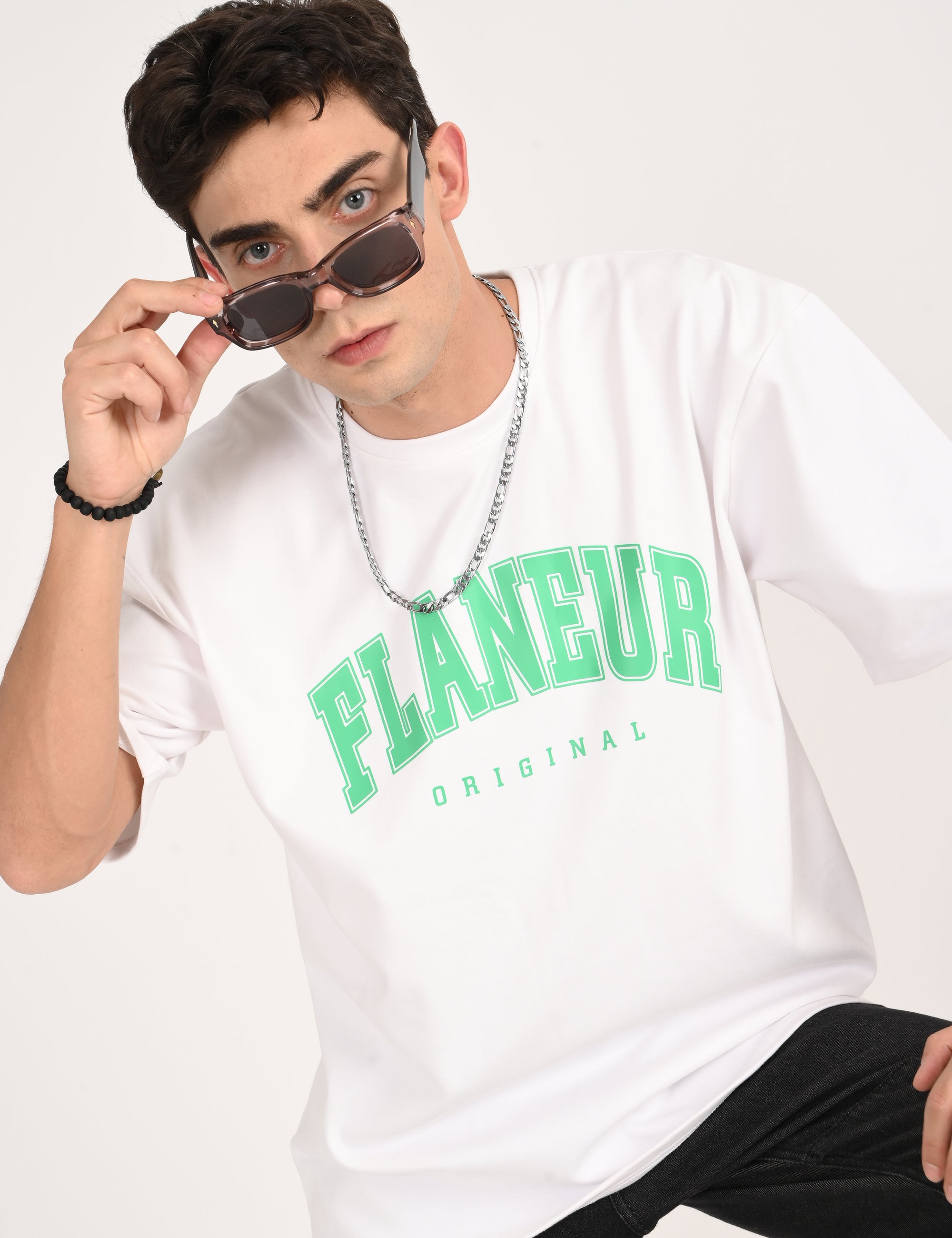 Drop Shoulder Half Sleeve White Printed T Shirt
