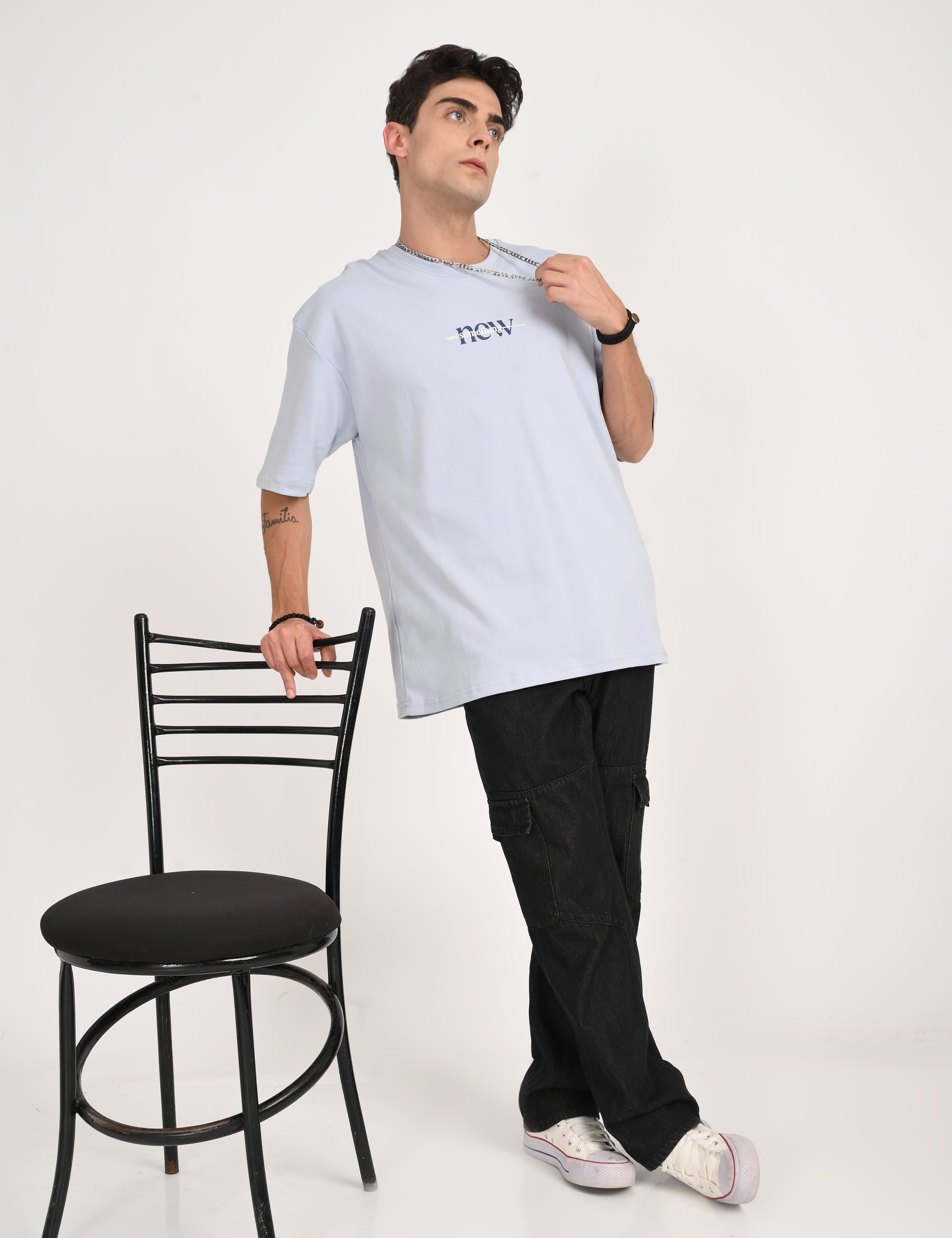 Drop Shoulder Half Sleeve Sky Blue T Shirt