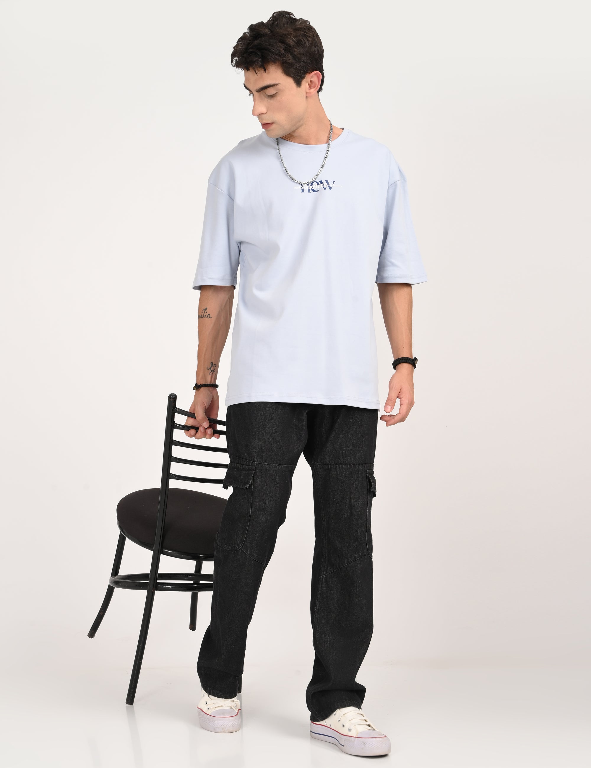 Drop Shoulder Half Sleeve Sky Blue T Shirt