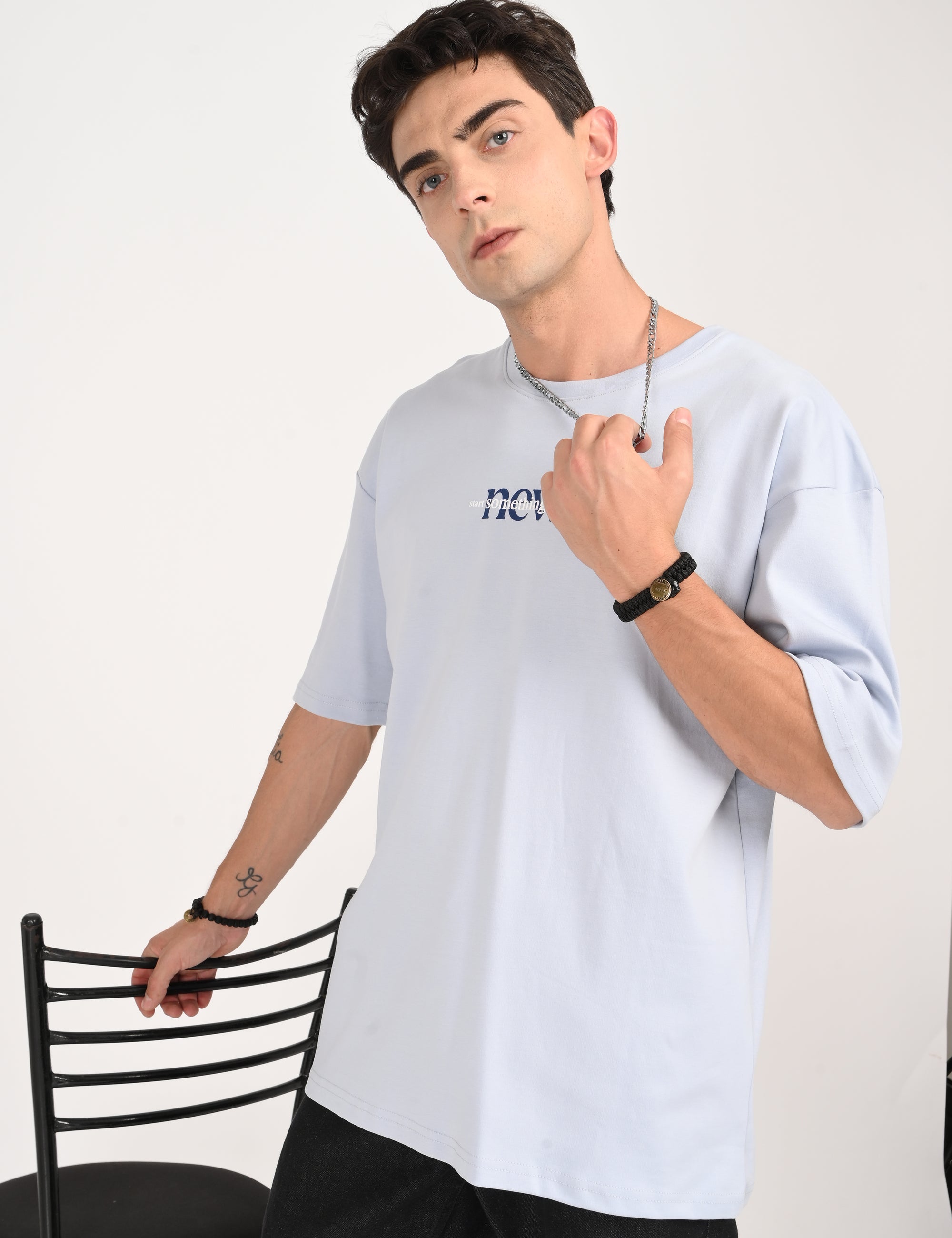 Drop Shoulder Half Sleeve Sky Blue T Shirt