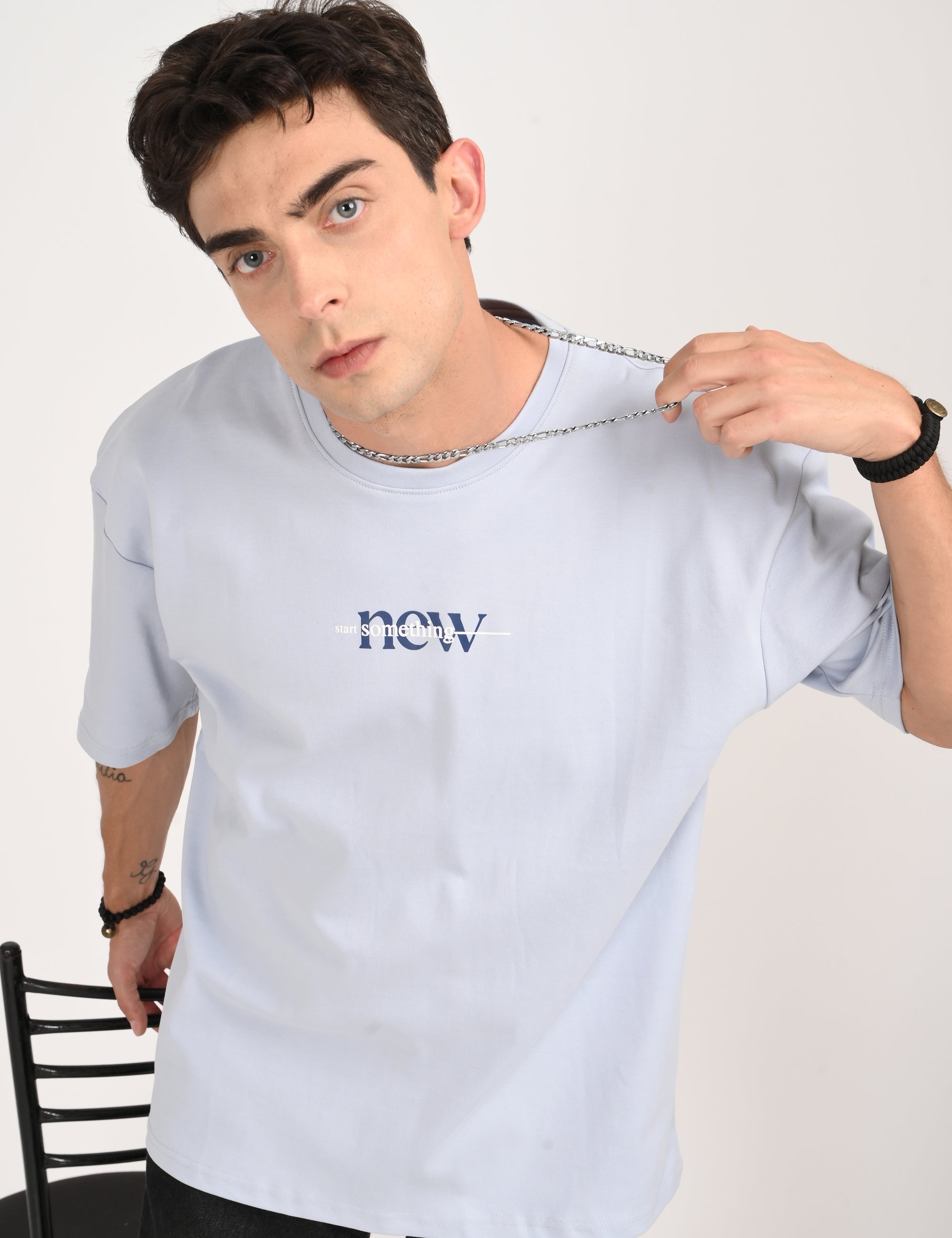 Drop Shoulder Half Sleeve Sky Blue T Shirt