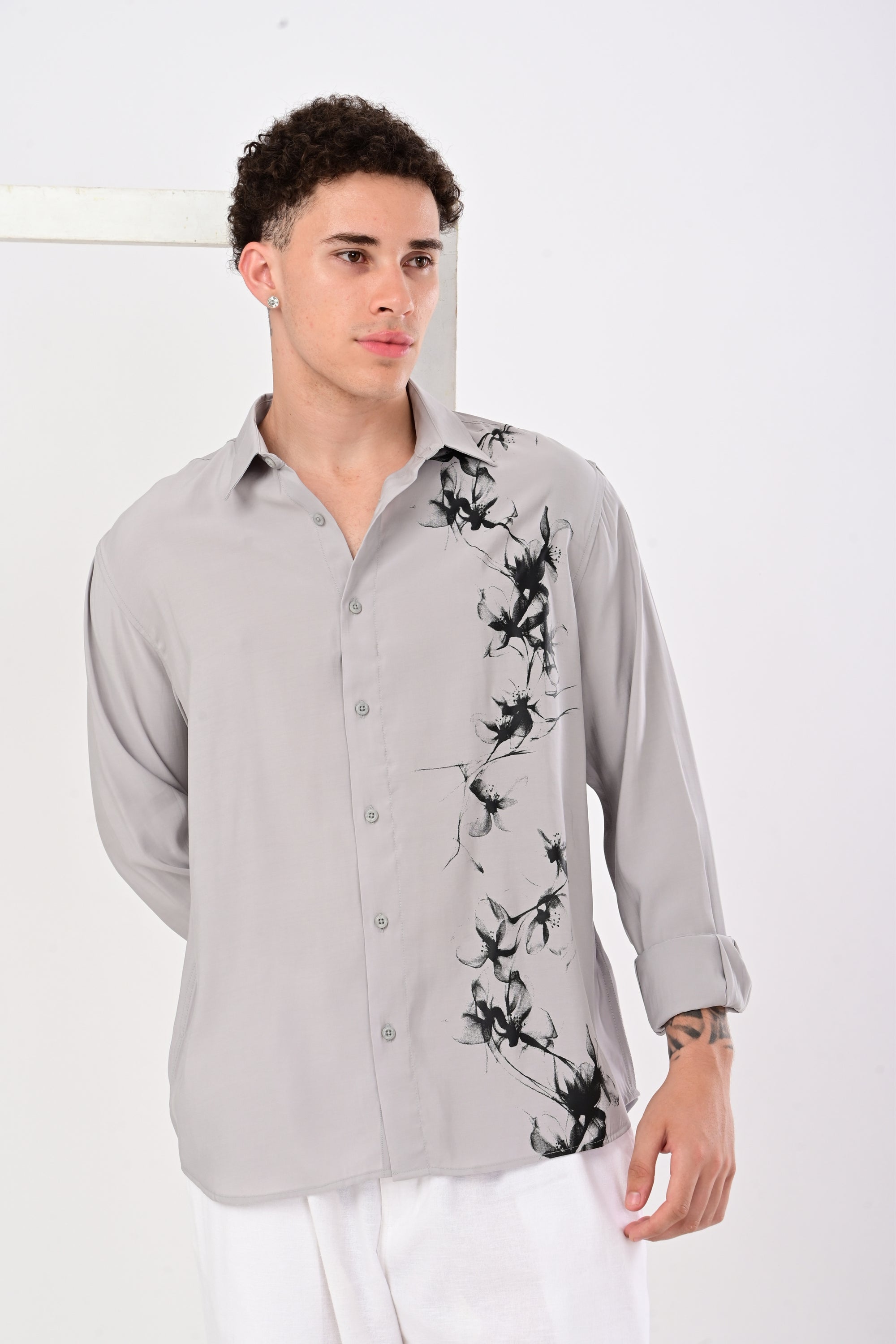 Gray Relaxed Fit Floral Print Shirt