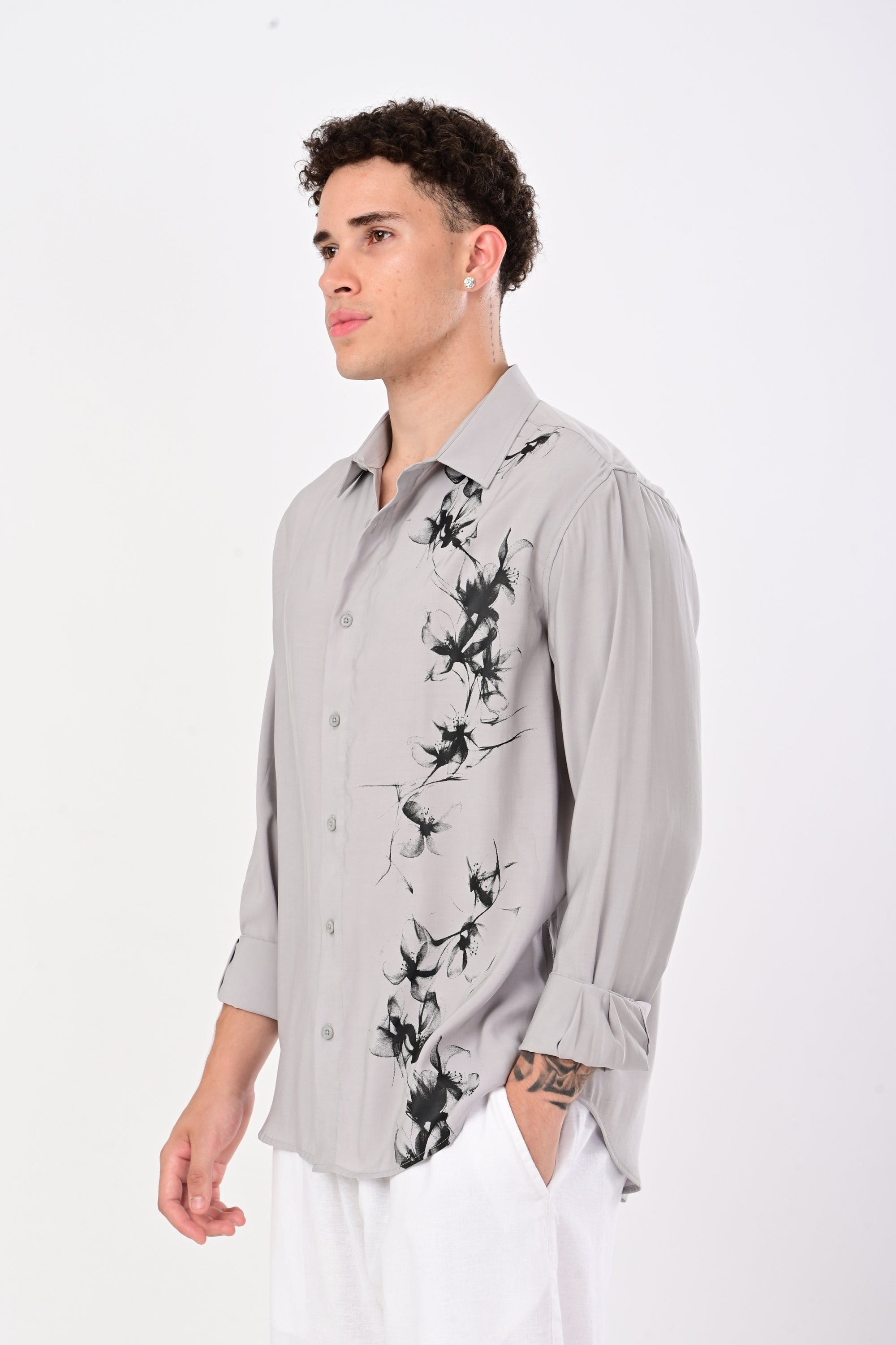 Gray Relaxed Fit Floral Print Shirt