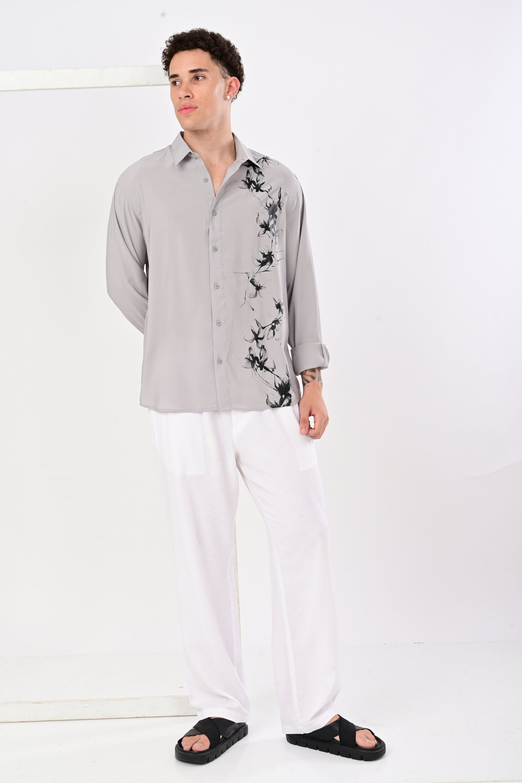 Gray Relaxed Fit Floral Print Shirt