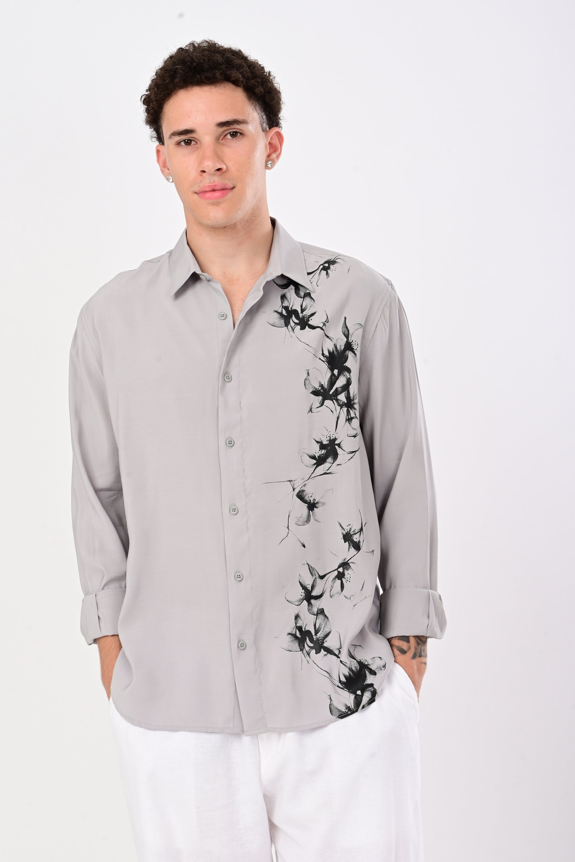 Gray Relaxed Fit Floral Print Shirt