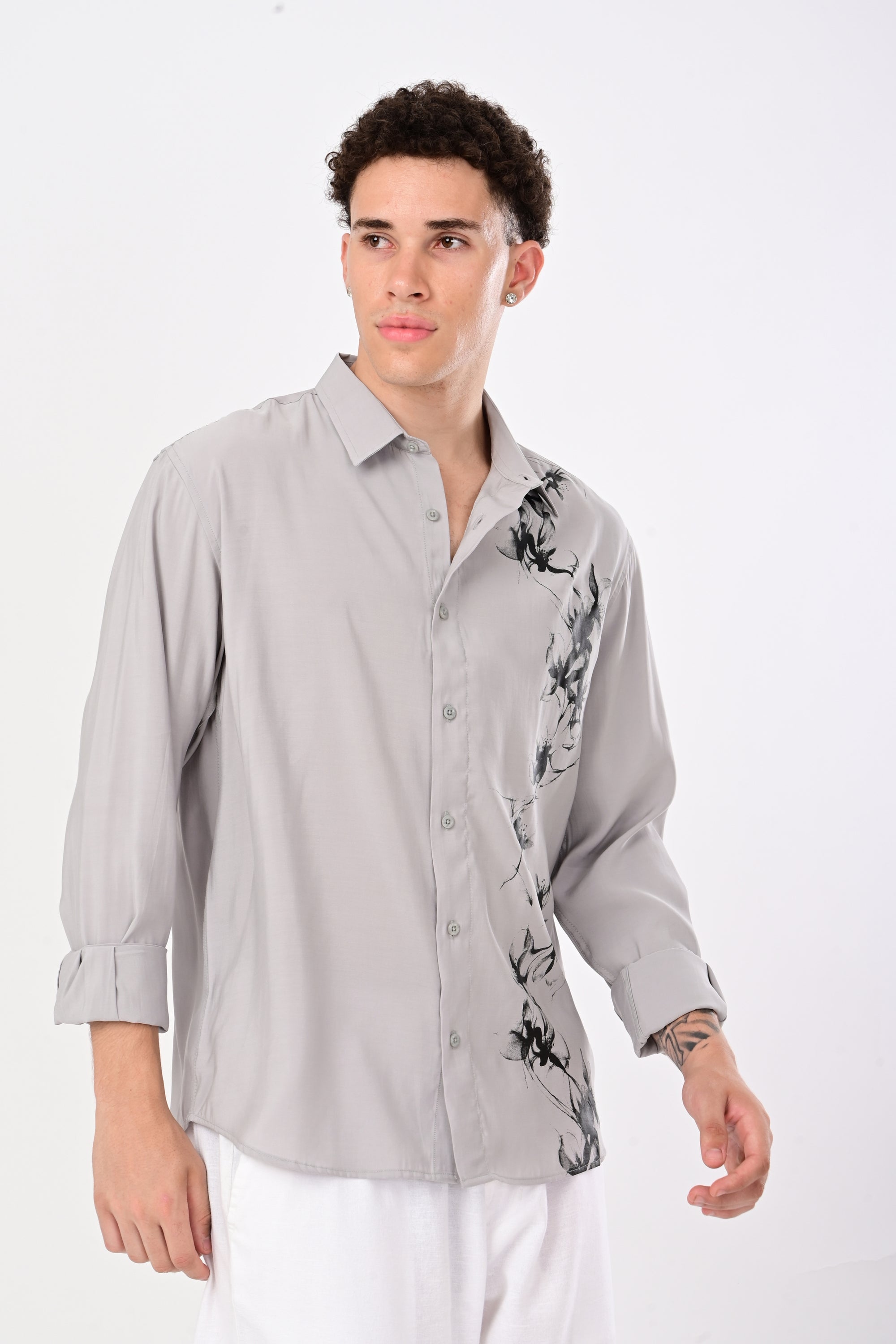 Gray Relaxed Fit Floral Print Shirt