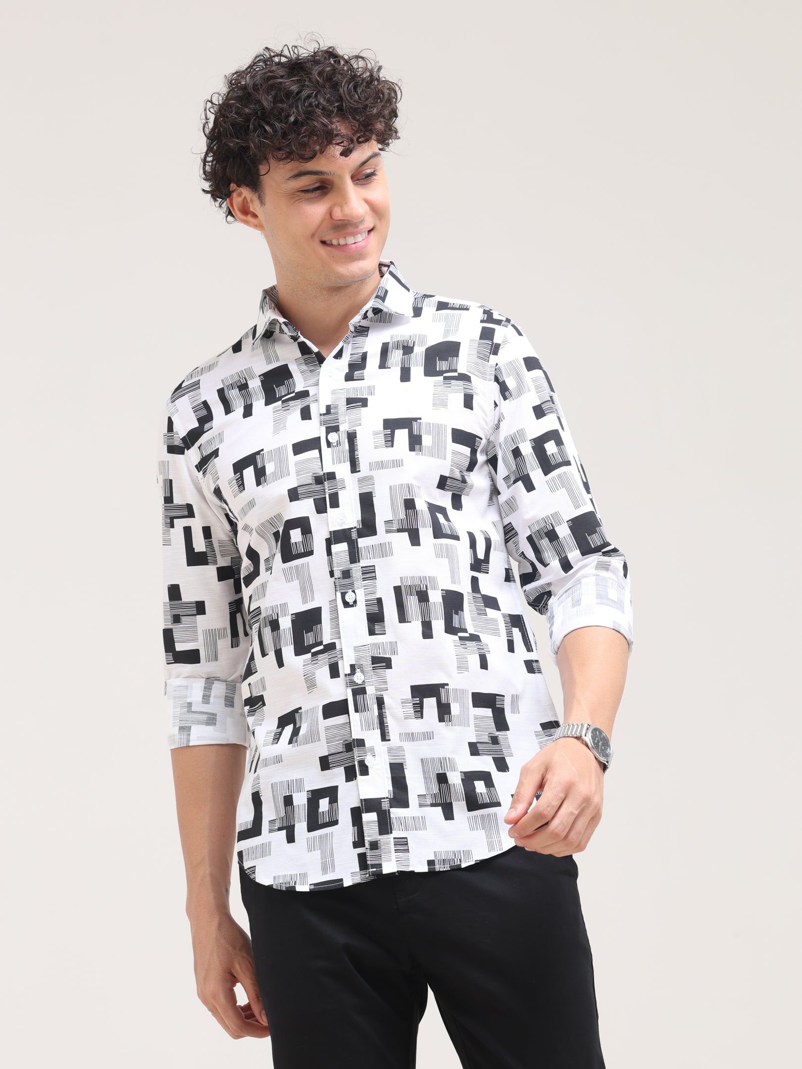 Black Tapered Fit Printed Shirt