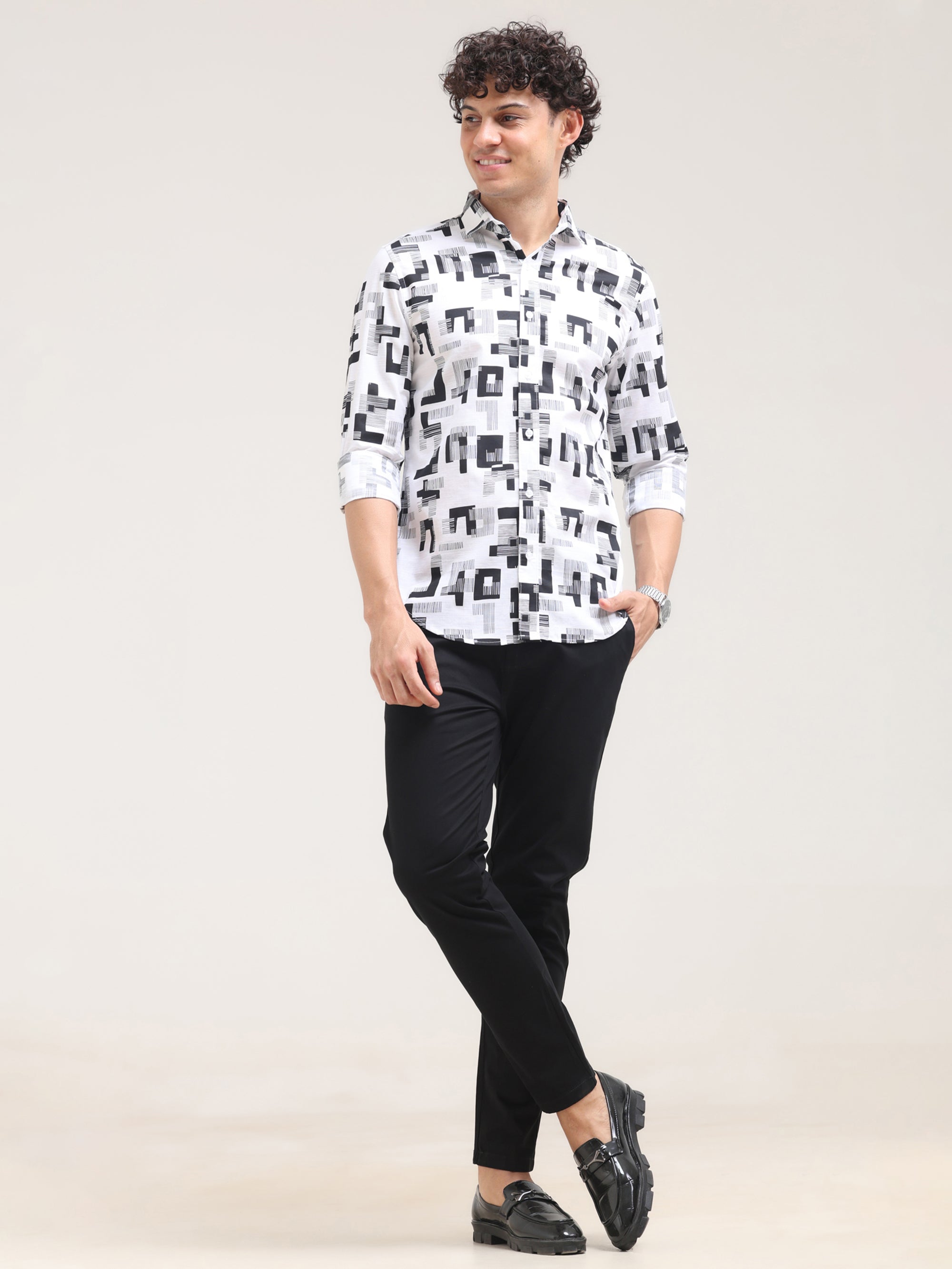 Black Tapered Fit Printed Shirt