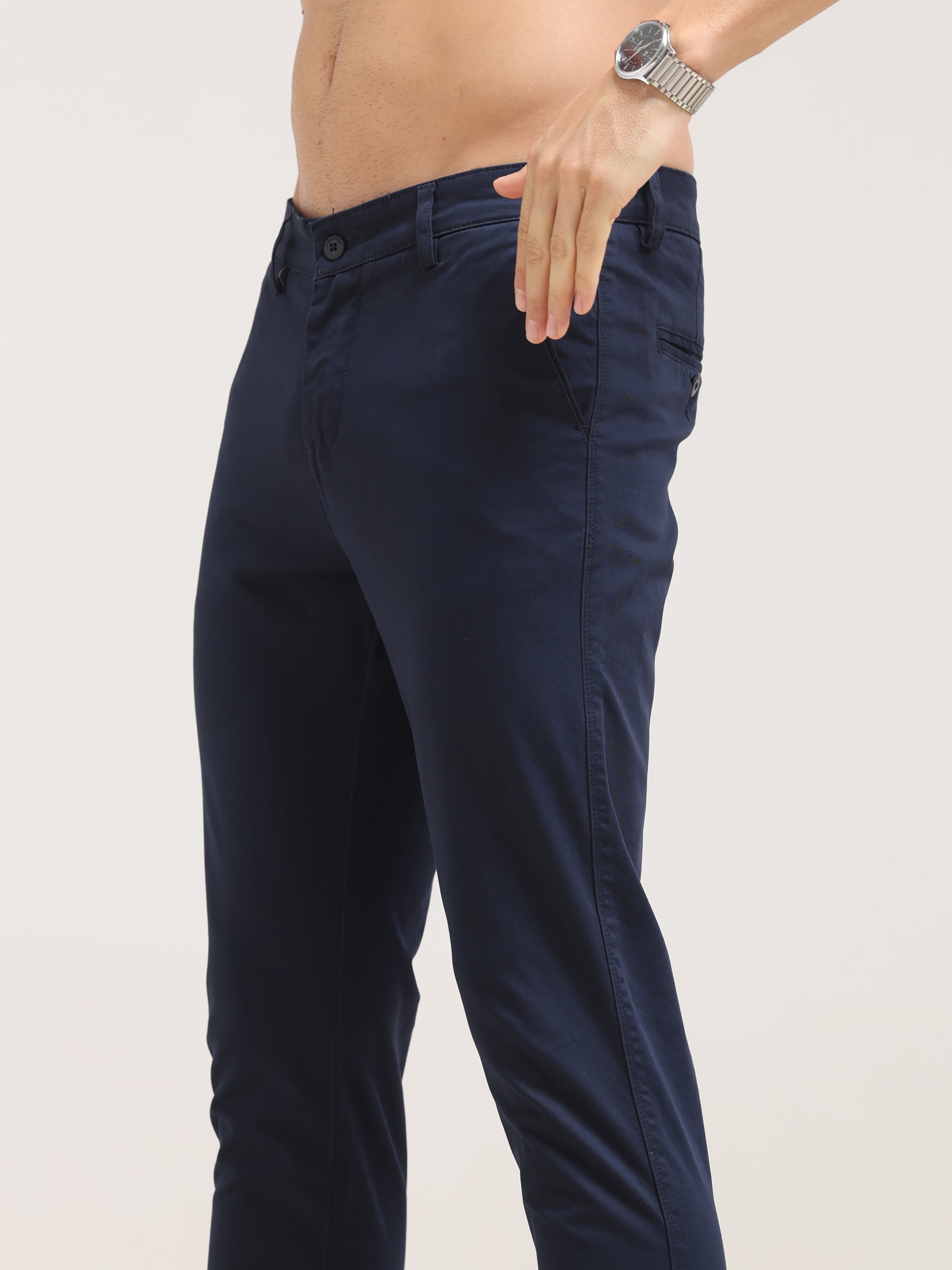 Navy Blue Ankle Fit Cotton Pant