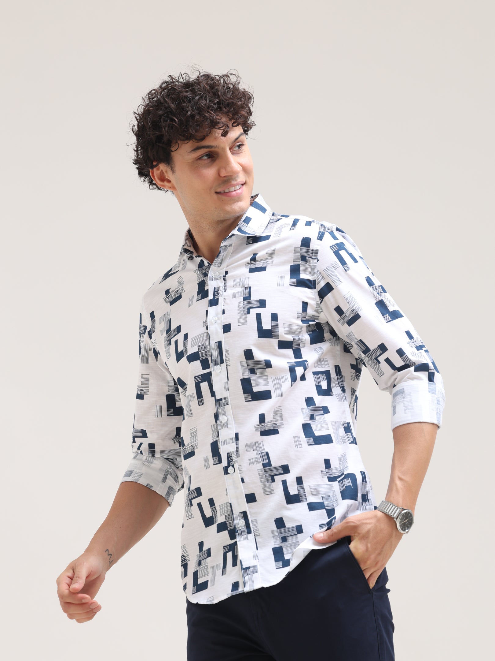 Perssian Blue Tapred Fit Printed Shirt