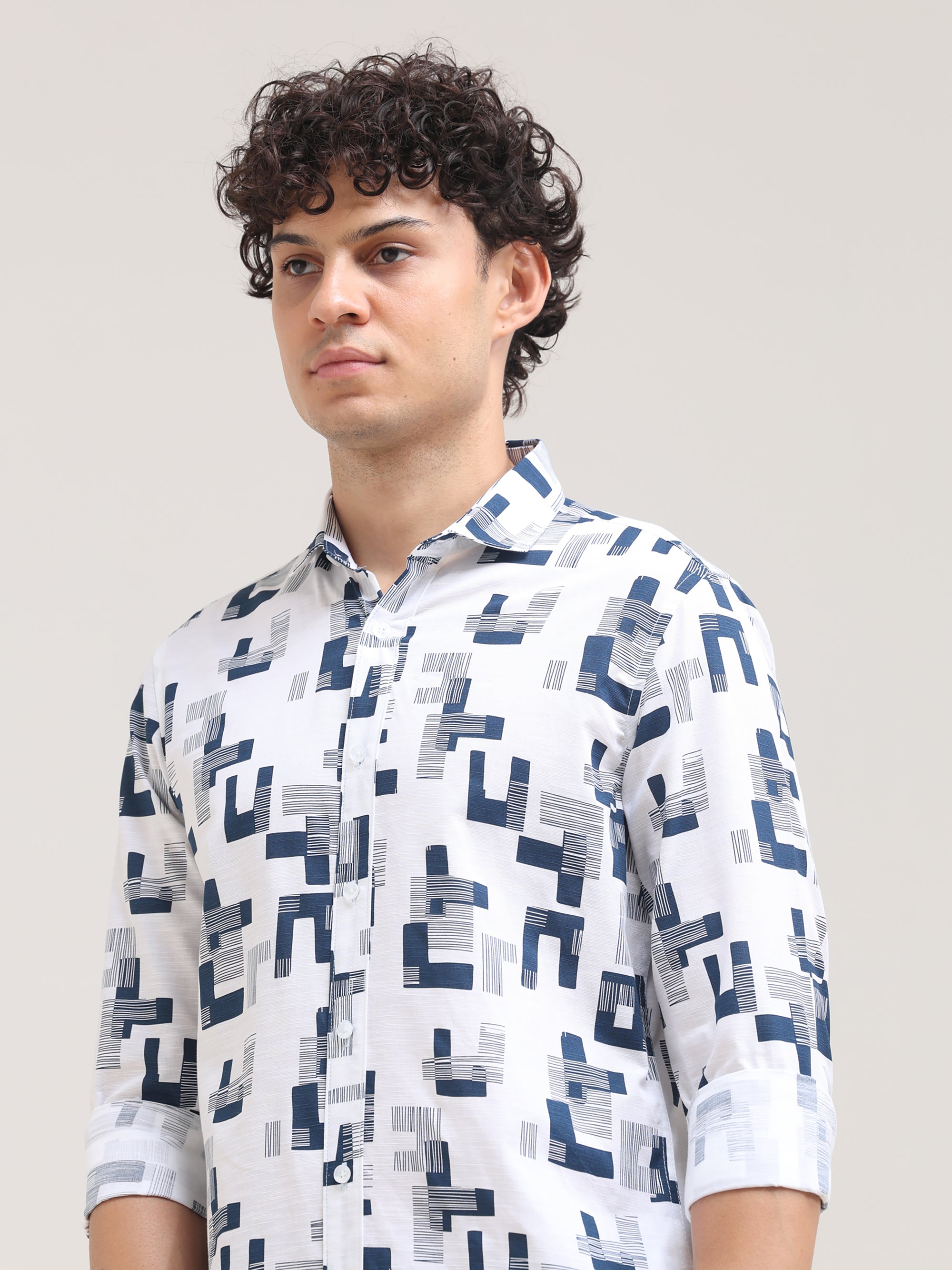 Perssian Blue Tapred Fit Printed Shirt