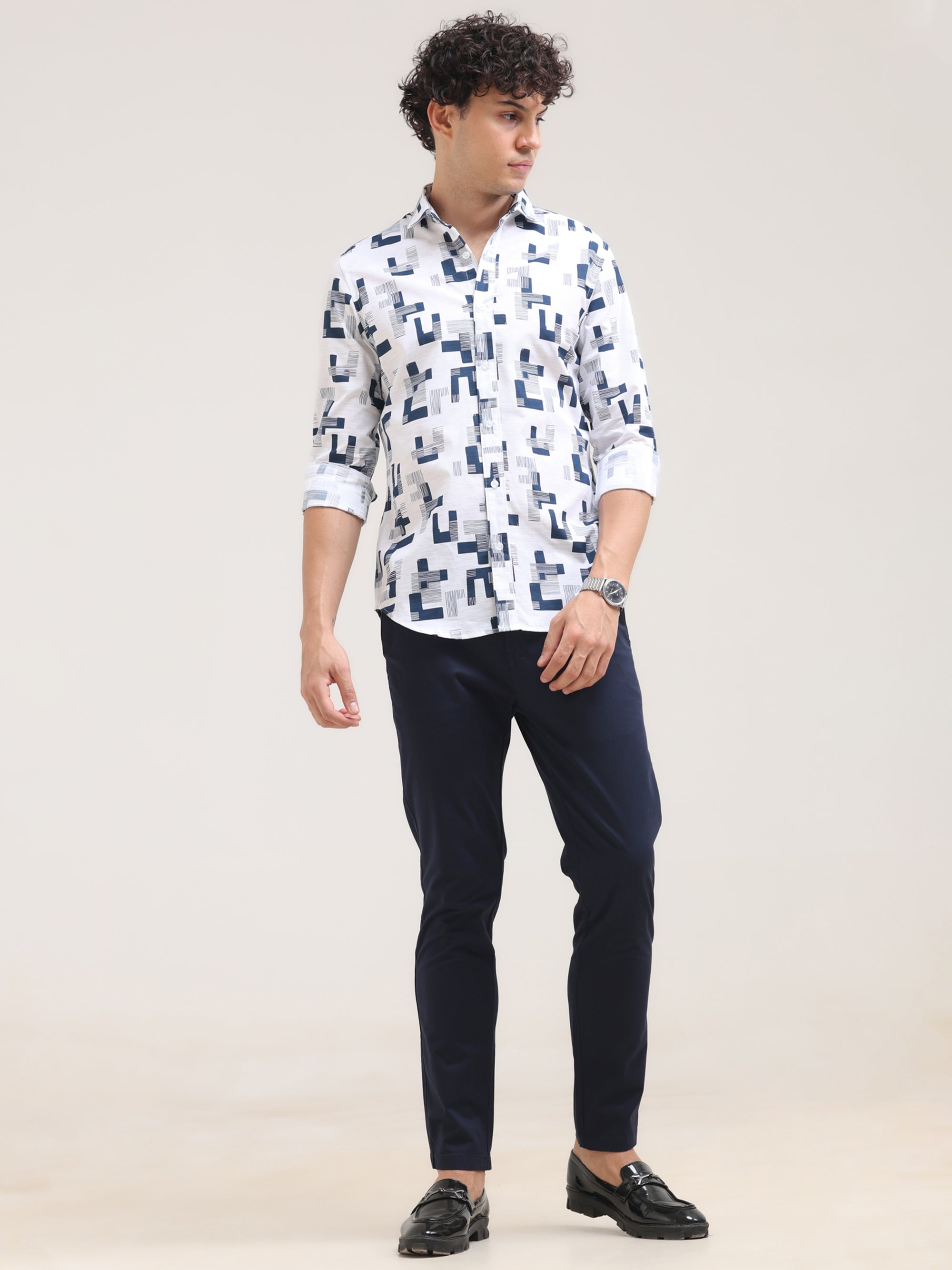 Perssian Blue Tapred Fit Printed Shirt