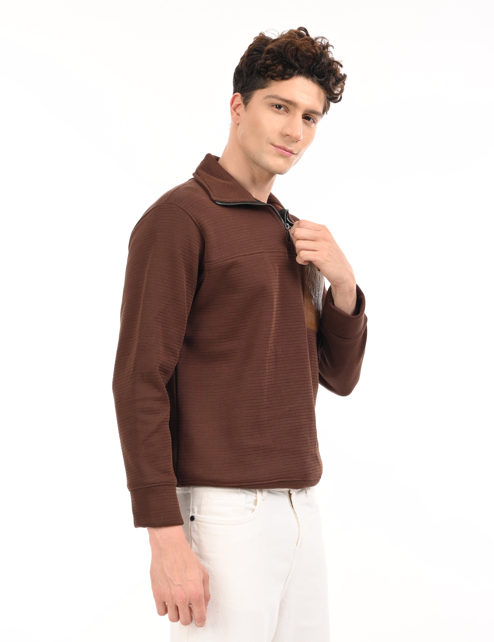 Zipper High Neck Coffee Brown Full Sleeve Sweatshirt