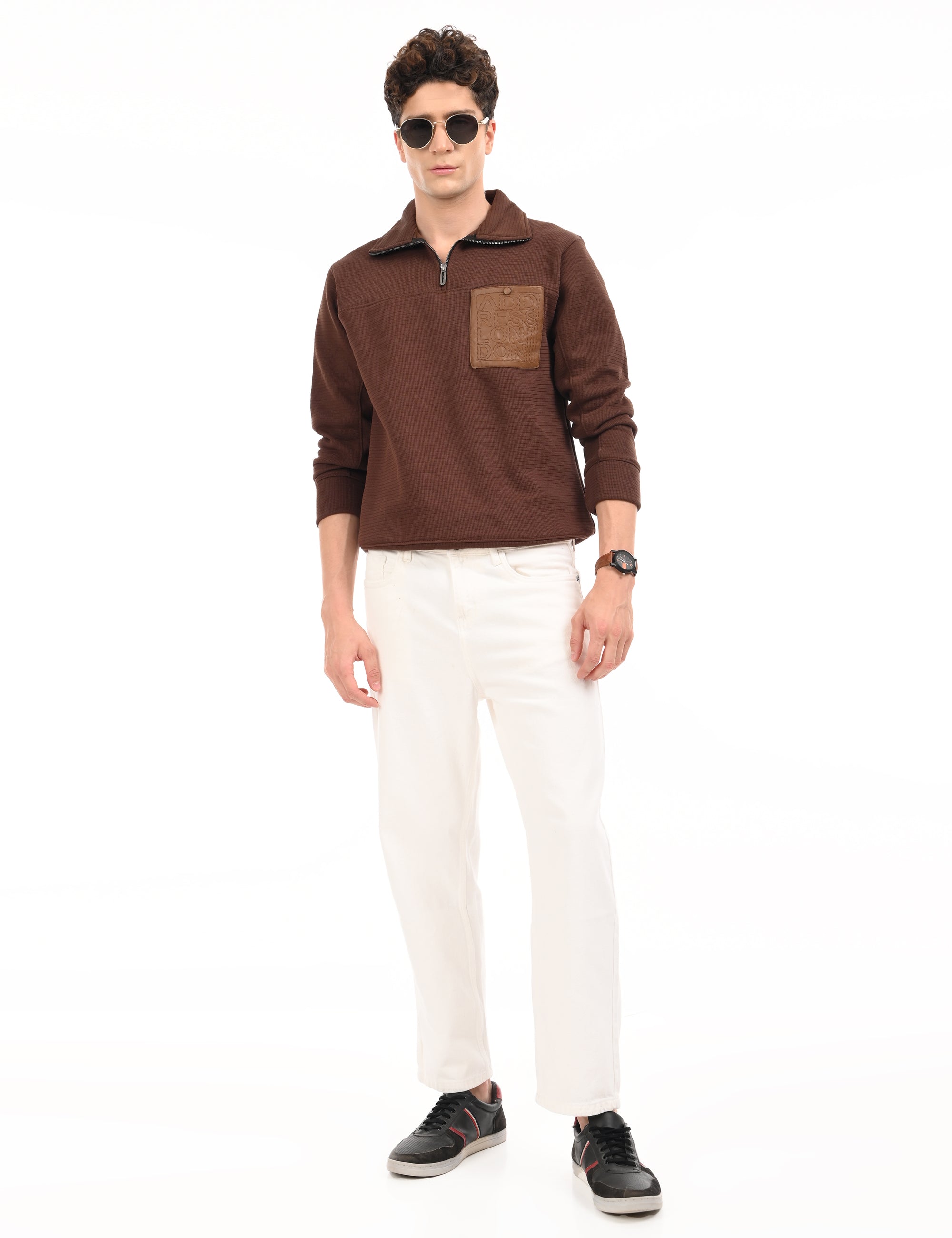 Zipper High Neck Coffee Brown Full Sleeve Sweatshirt