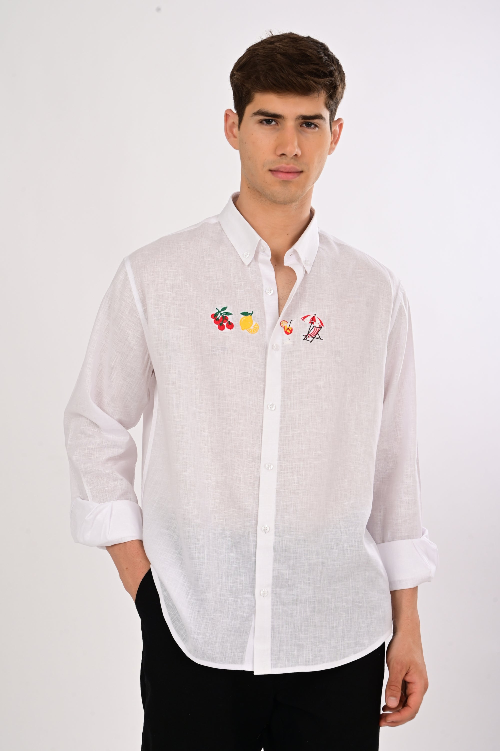 Riviera Escape White Embroidered Relaxed Fit Shirt