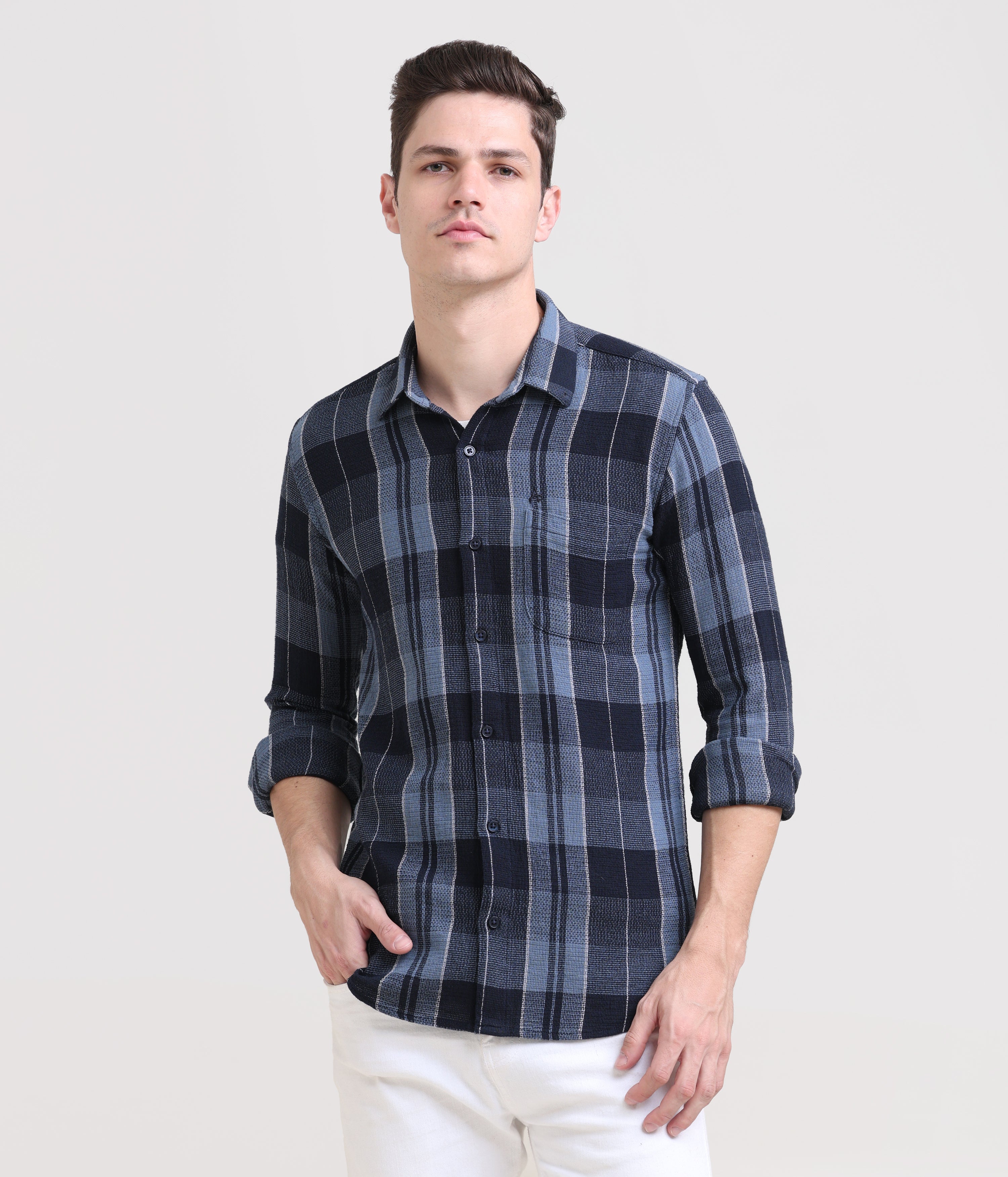 Midnight Gridlock: Checkered Navy Blue Slim Fit Shirt