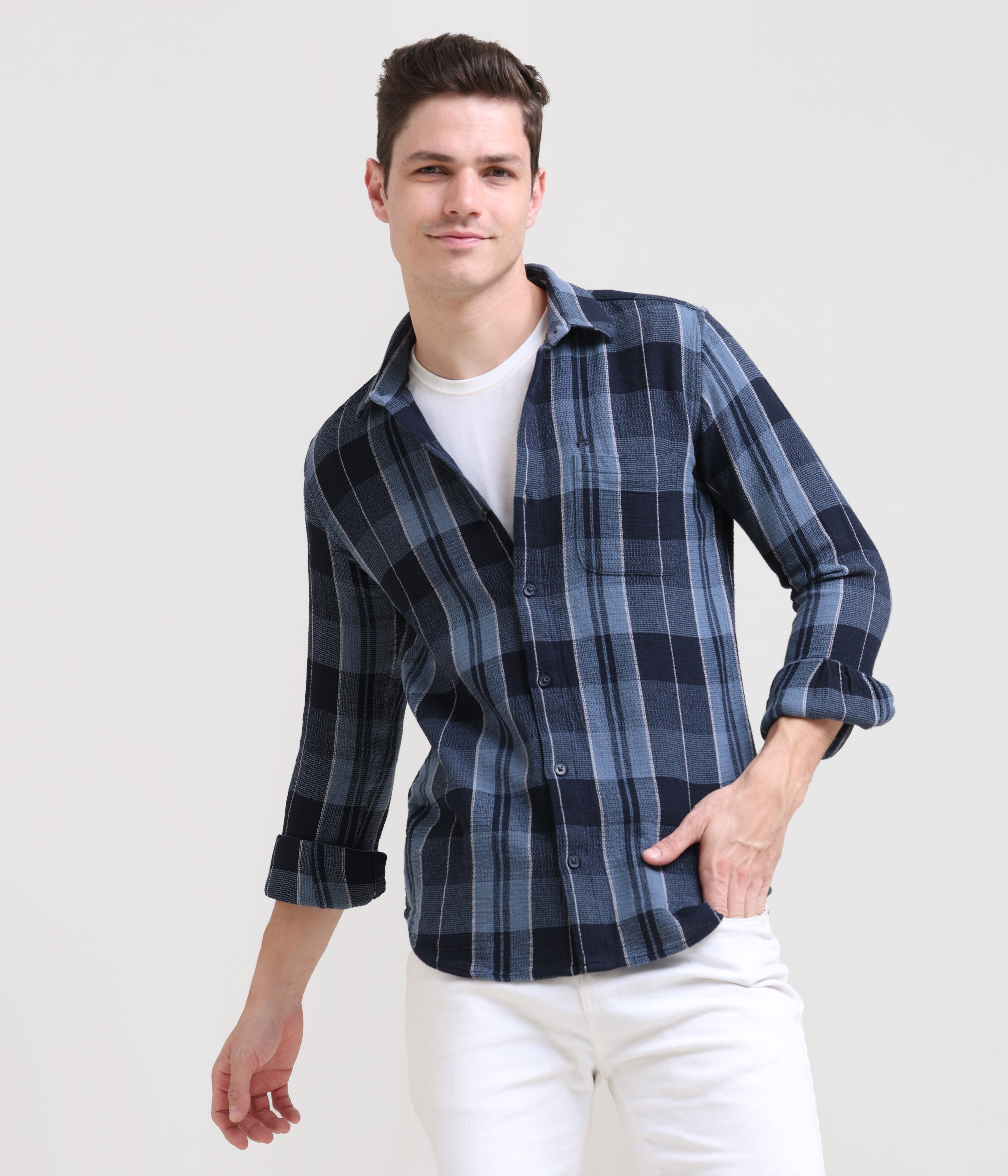 Midnight Gridlock: Checkered Navy Blue Slim Fit Shirt