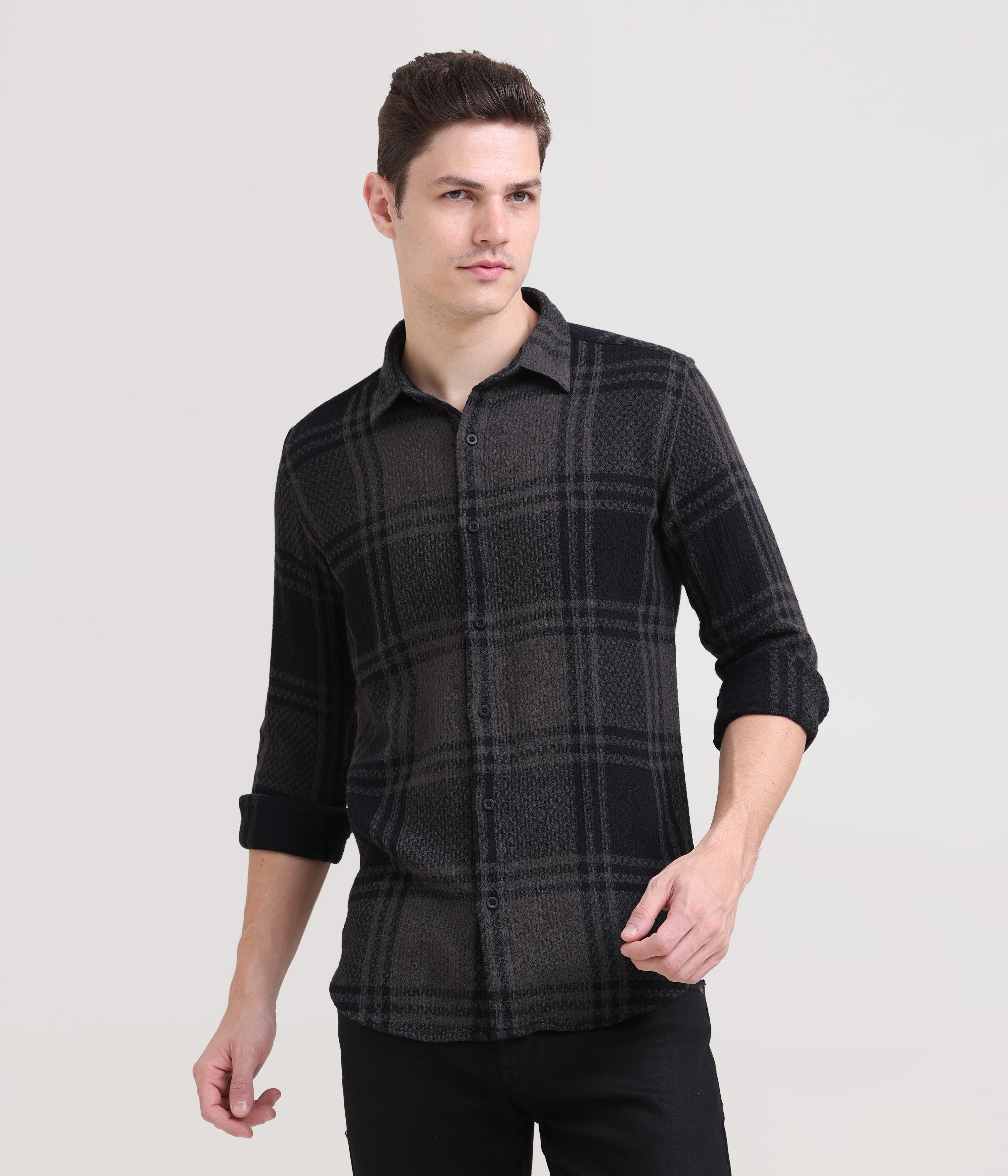 Charcoal Crossroads: Checkered Dark Grey Slim Fit Shirt