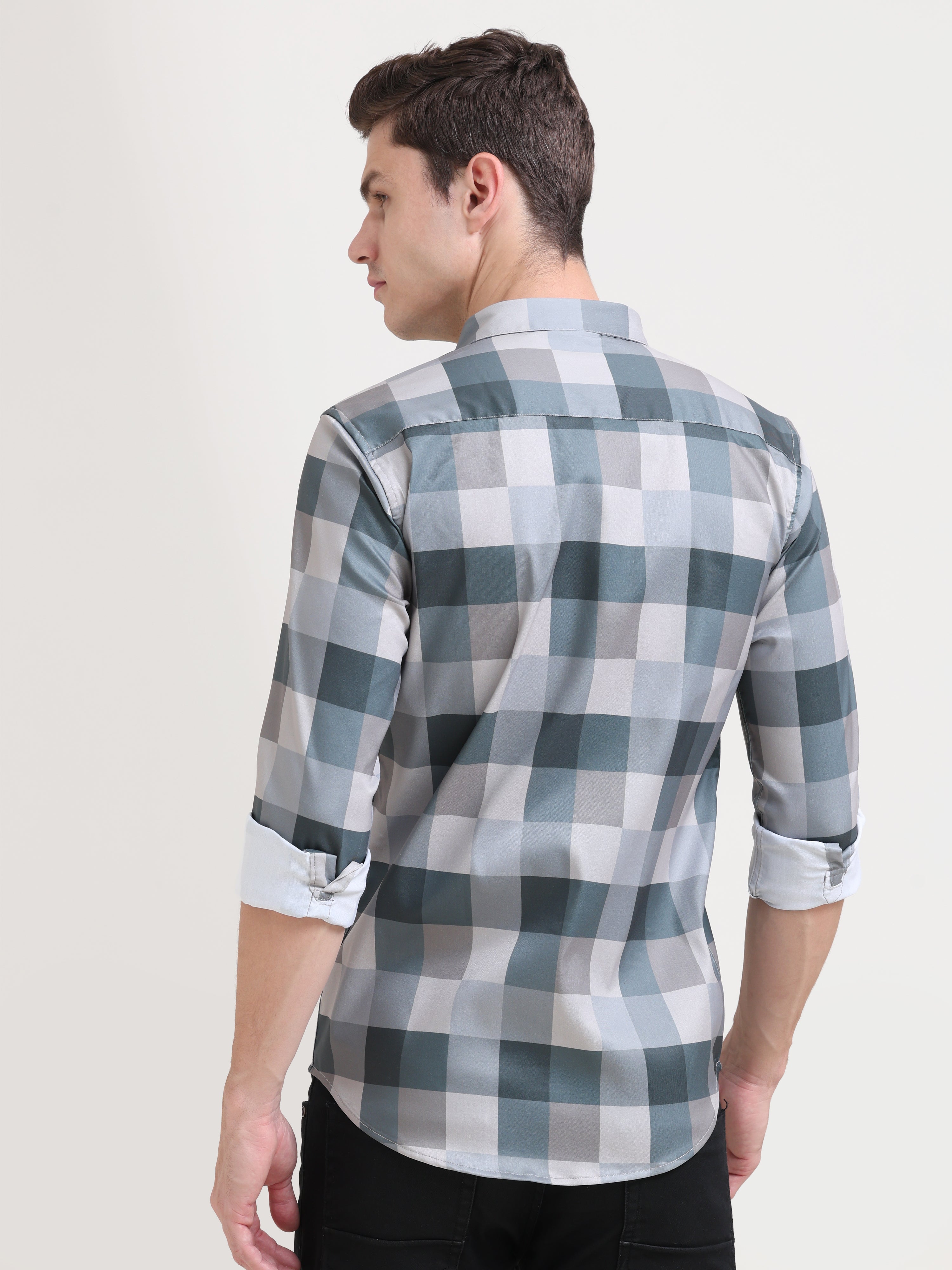 Slate Checkmate: Slim Fit Light Grey Shirt