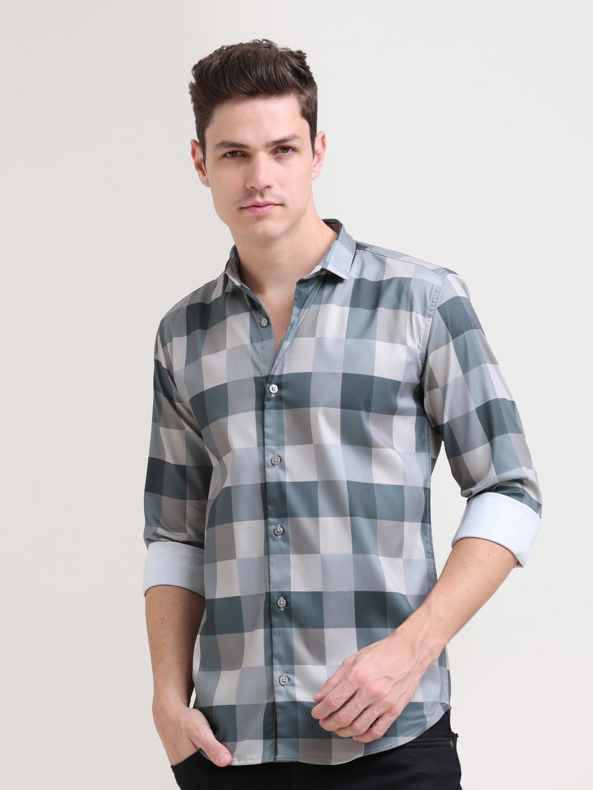 Slate Checkmate: Slim Fit Light Grey Shirt