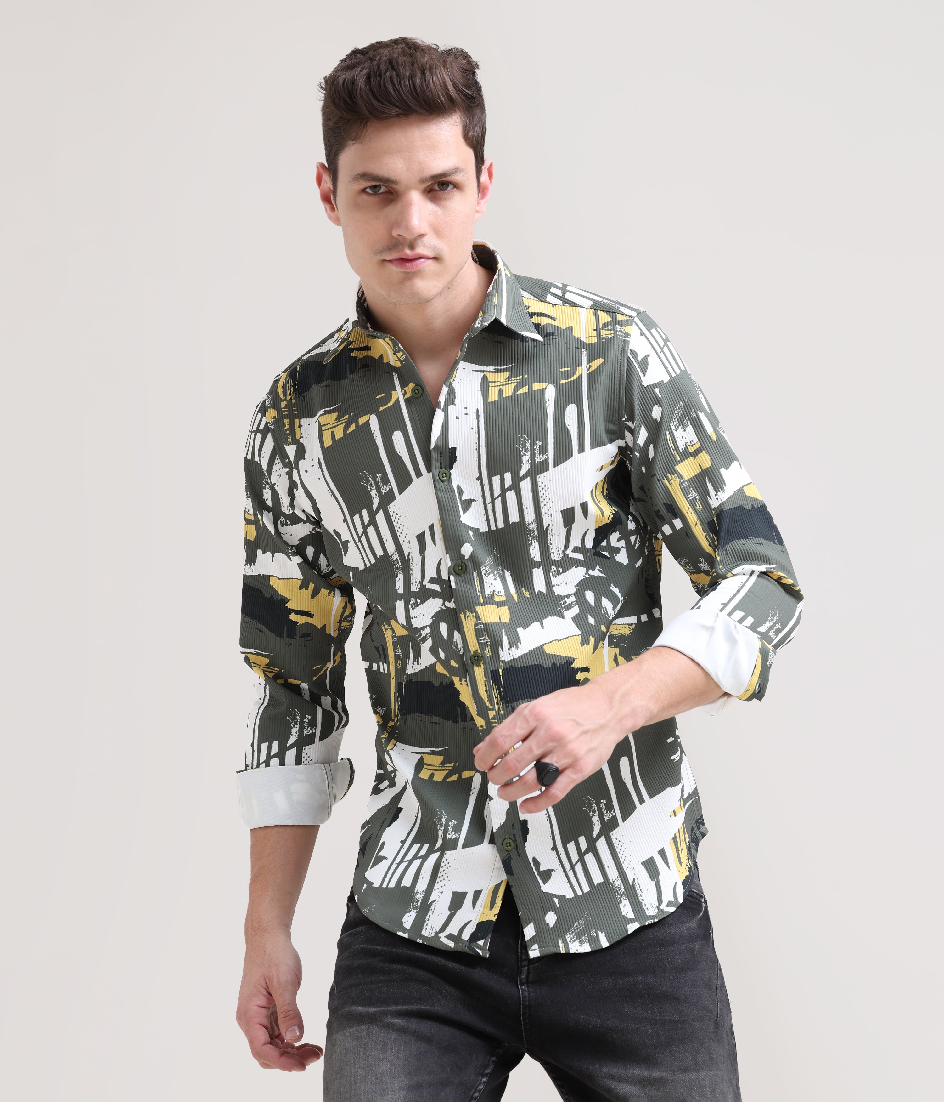 Olive Oasis: Printed Tapered Fit Full Sleeve Shirt