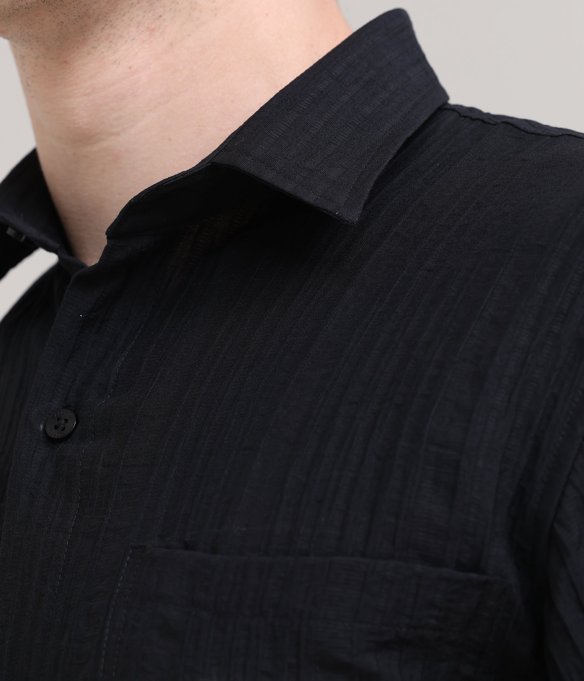 Night Shadow: Solid Black Oversized Half Sleeve Double Pocket Shirt