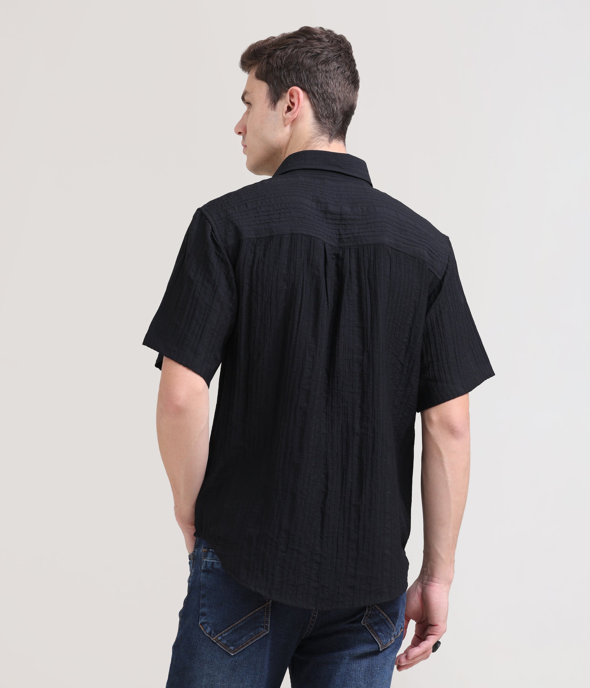 Night Shadow: Solid Black Oversized Half Sleeve Double Pocket Shirt