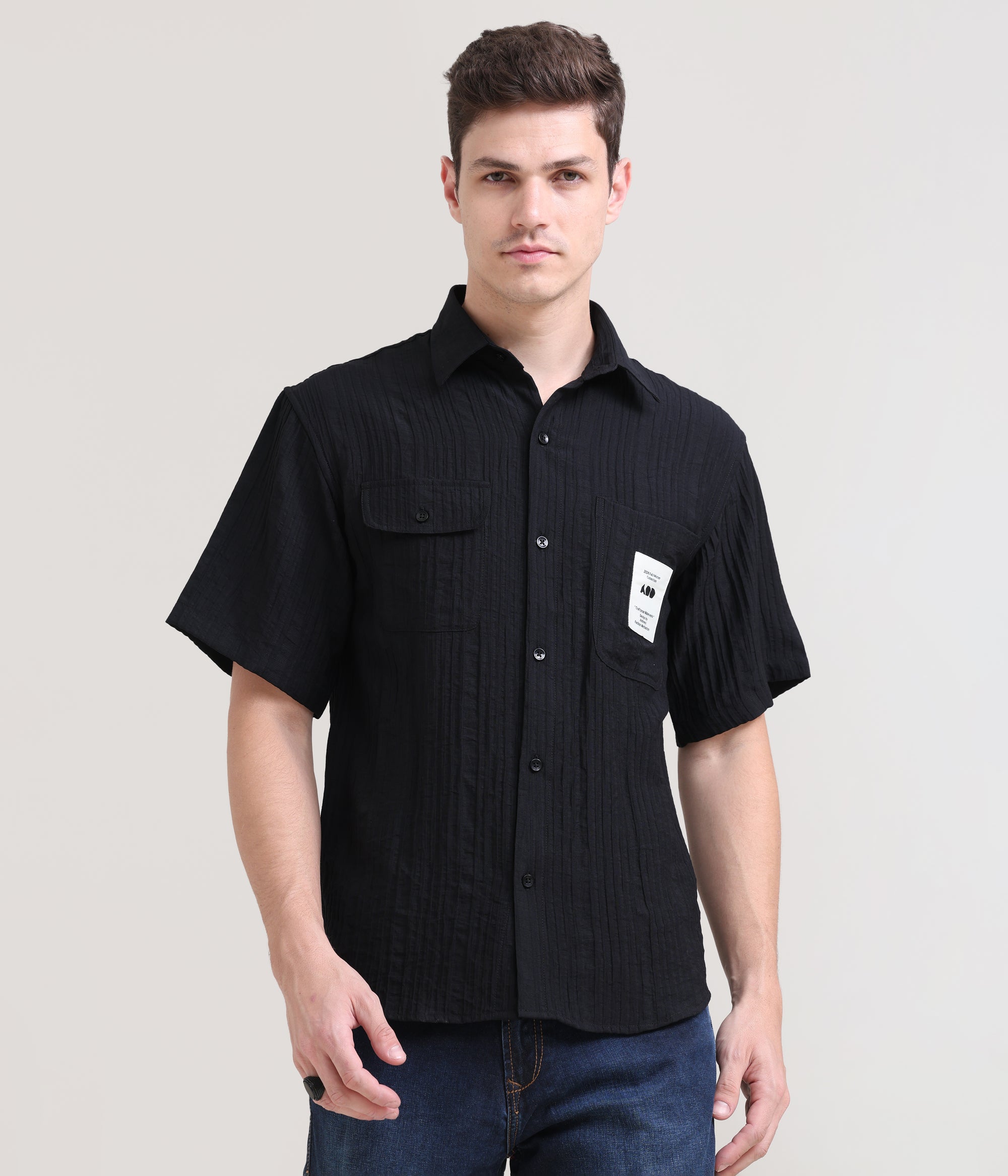 Night Shadow: Solid Black Oversized Half Sleeve Double Pocket Shirt