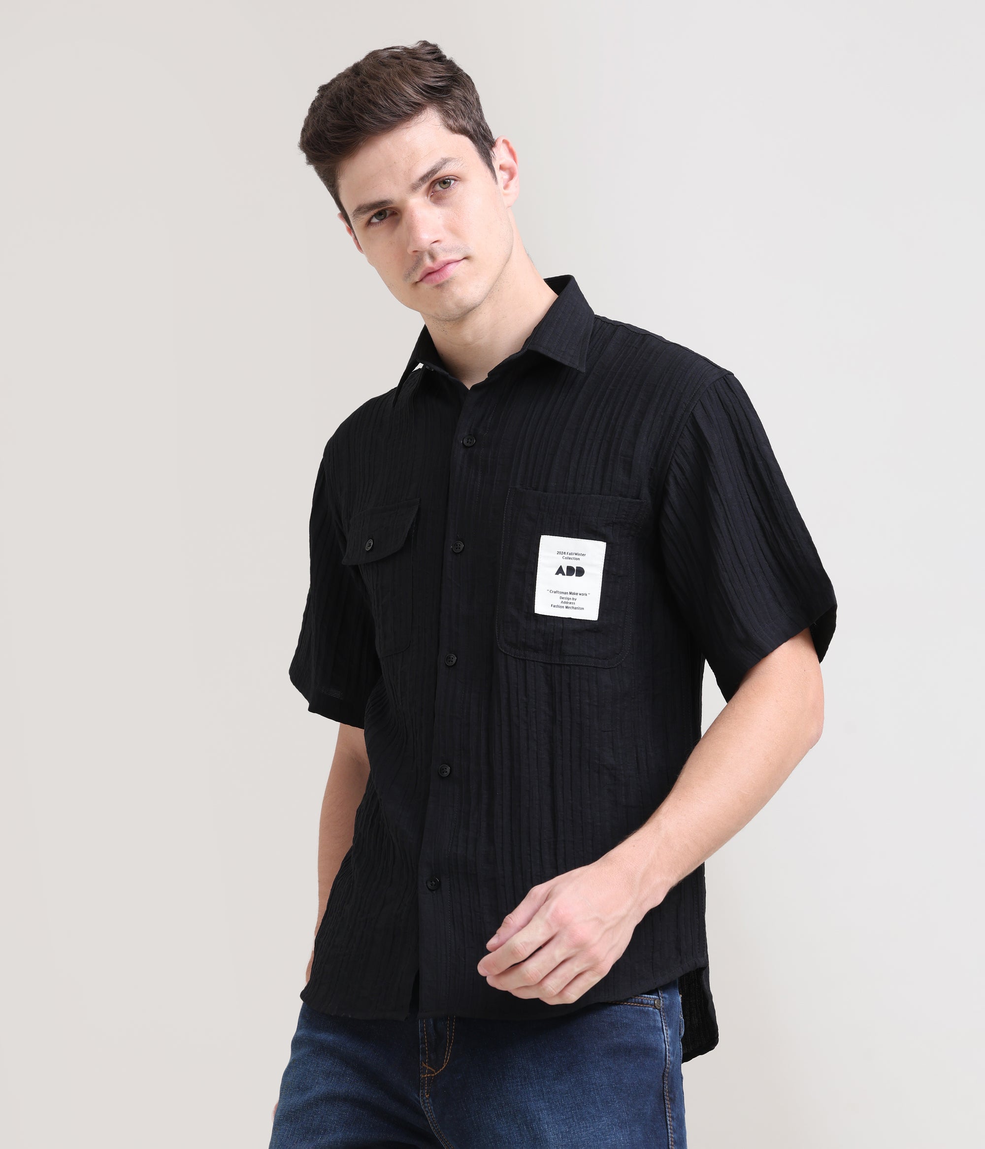 Night Shadow: Solid Black Oversized Half Sleeve Double Pocket Shirt