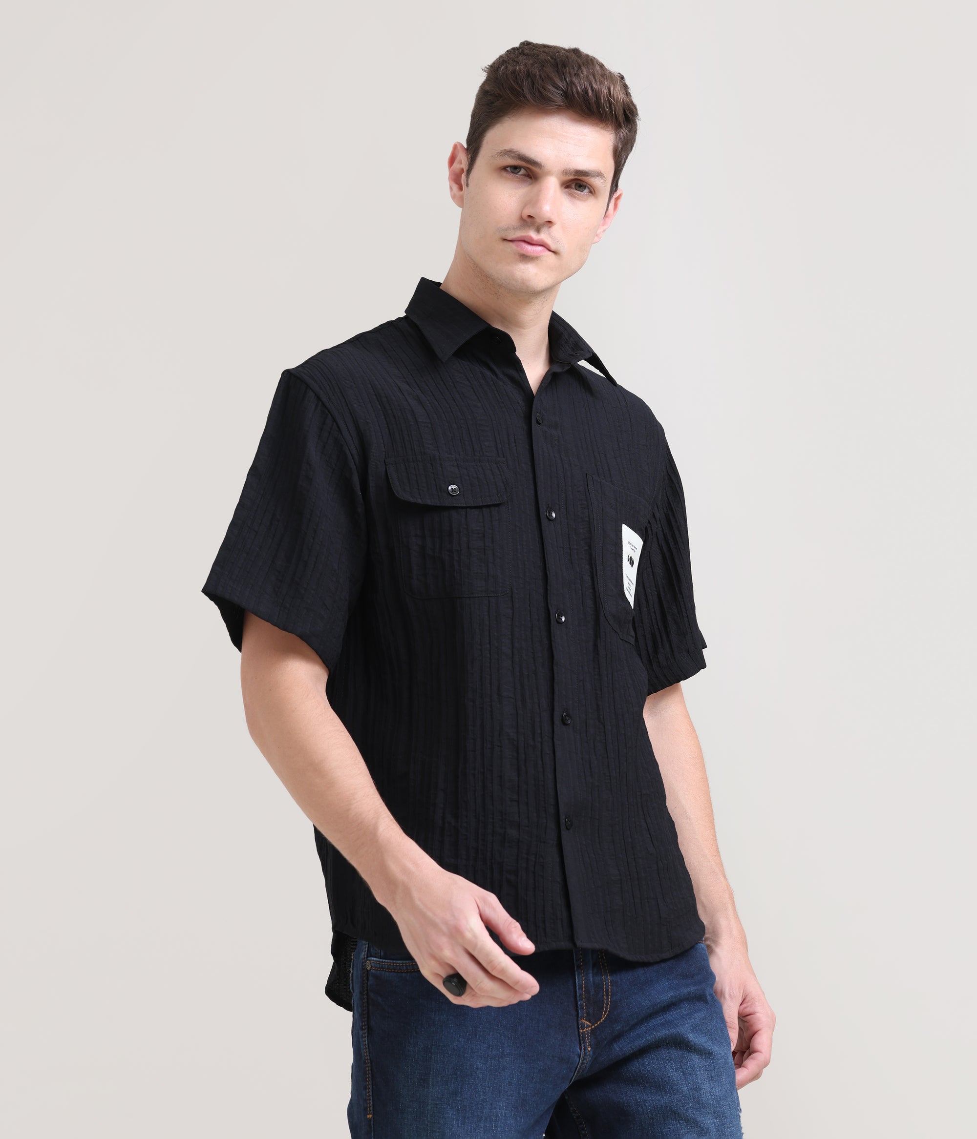 Night Shadow: Solid Black Oversized Half Sleeve Double Pocket Shirt