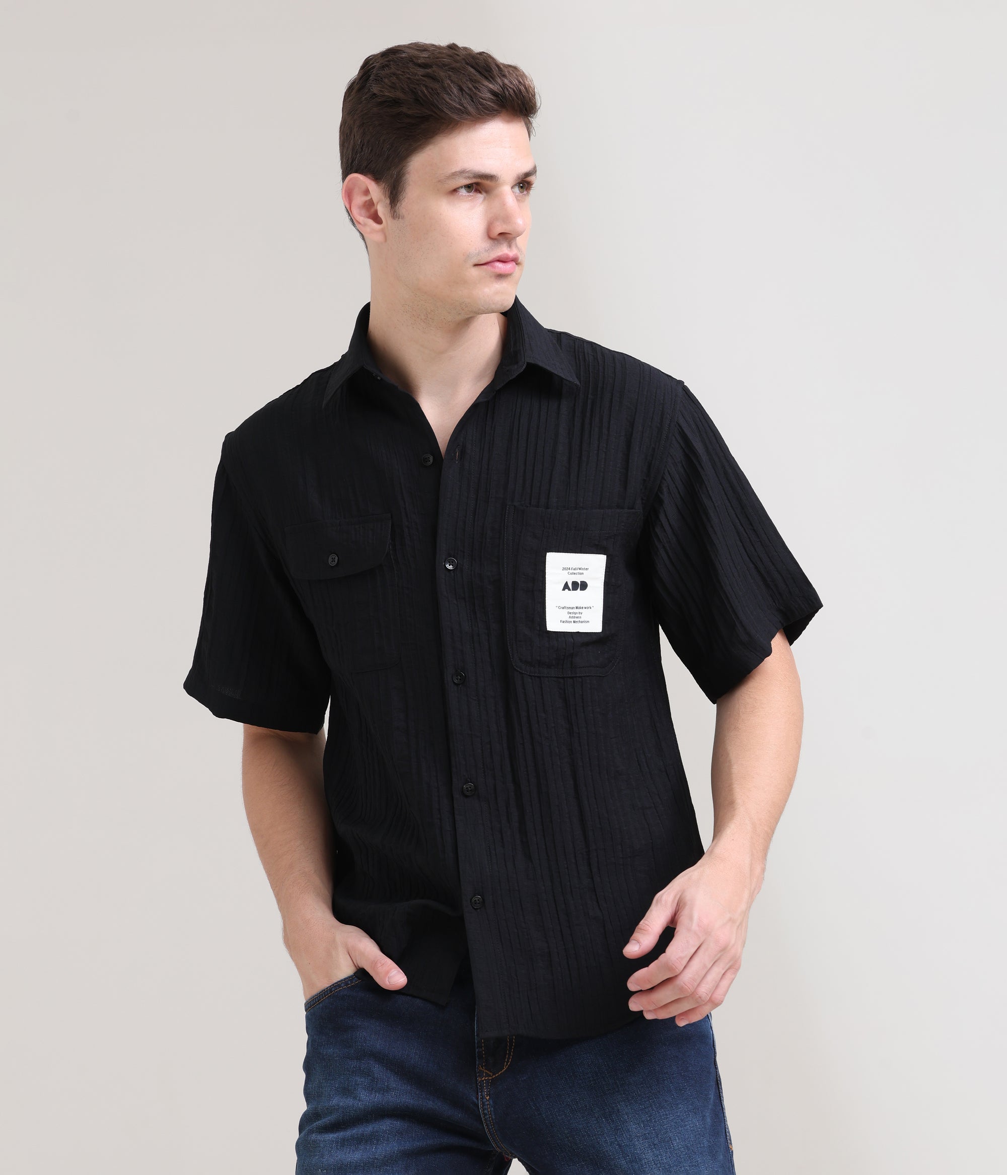 Night Shadow: Solid Black Oversized Half Sleeve Double Pocket Shirt