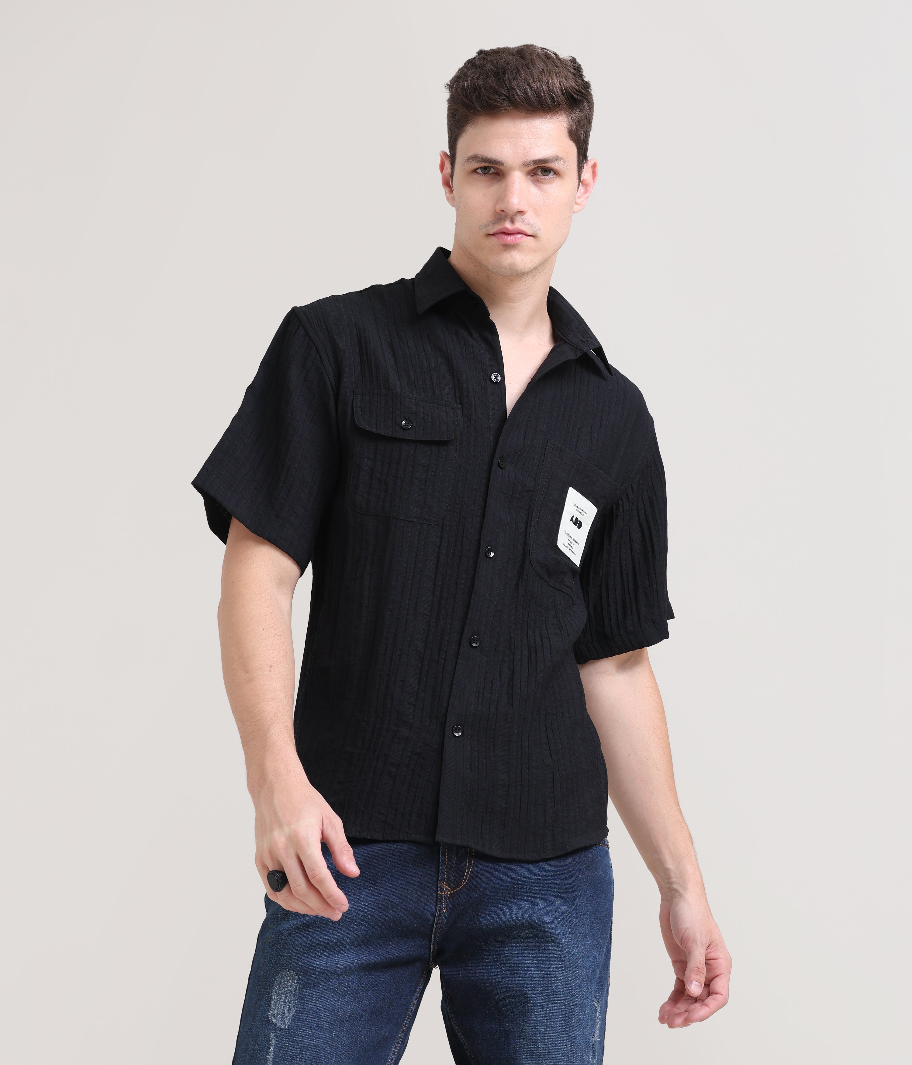Night Shadow: Solid Black Oversized Half Sleeve Double Pocket Shirt