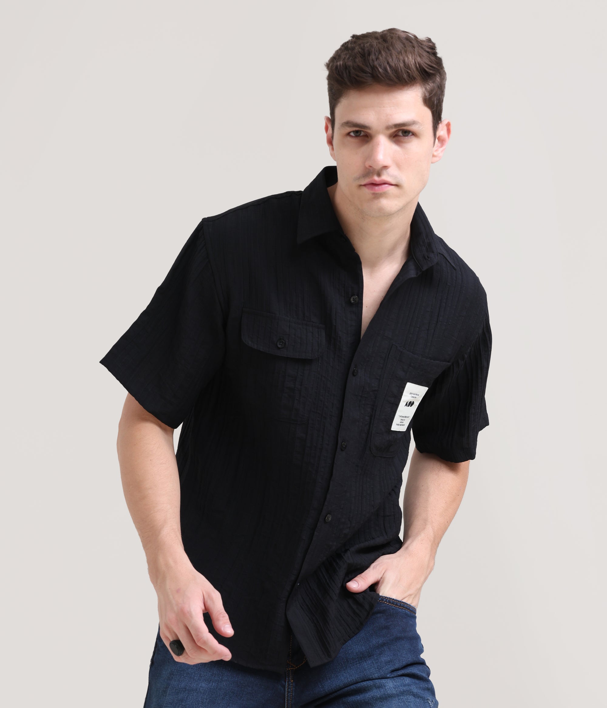 Night Shadow: Solid Black Oversized Half Sleeve Double Pocket Shirt